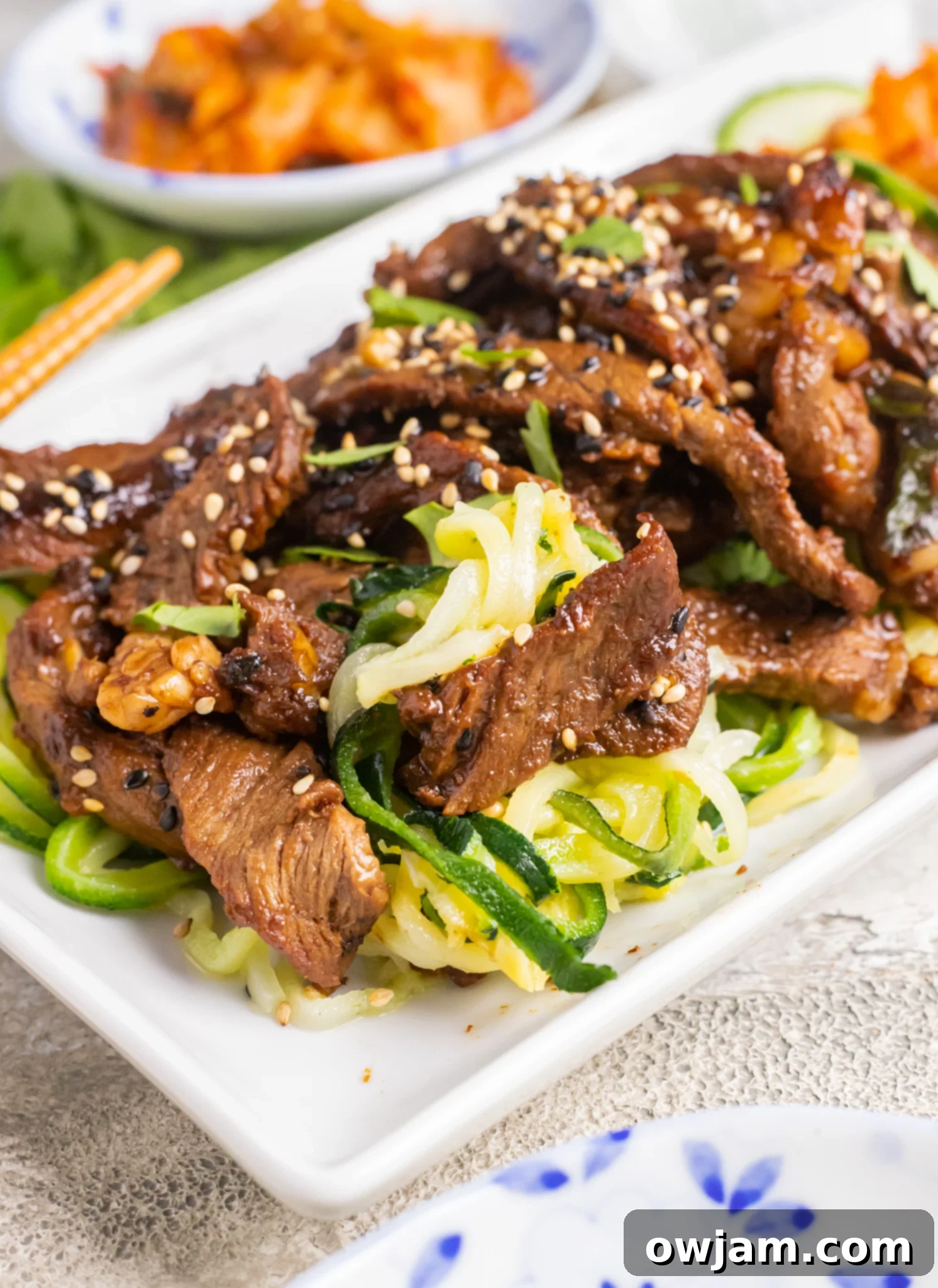 Bulgogi Zoodle Bowl 4 Beef Bulgogi with Zucchini Noodles with zucchini noodles.