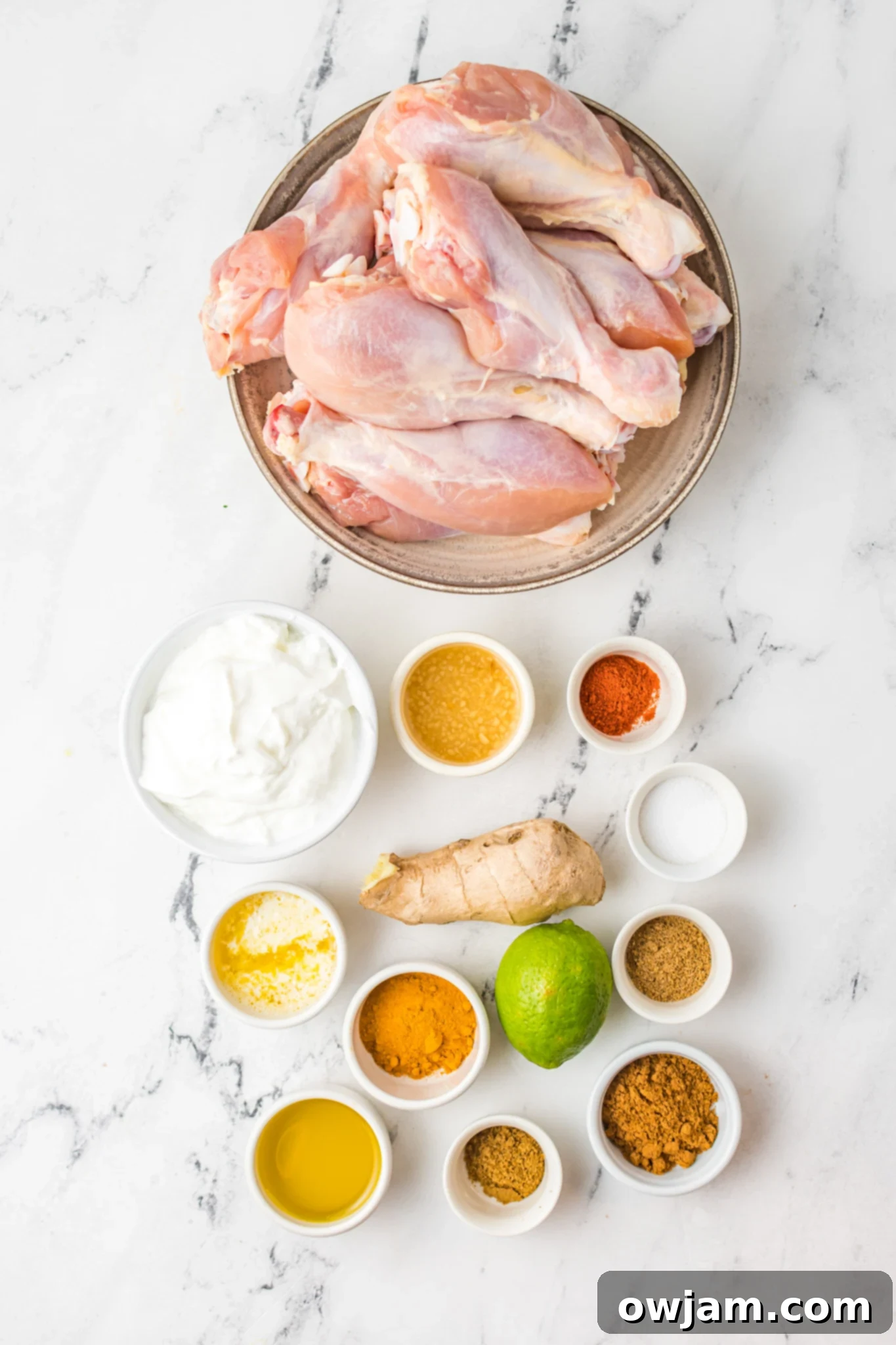 Air Fryer Tandoori Chicken Legs ingredients laid out.