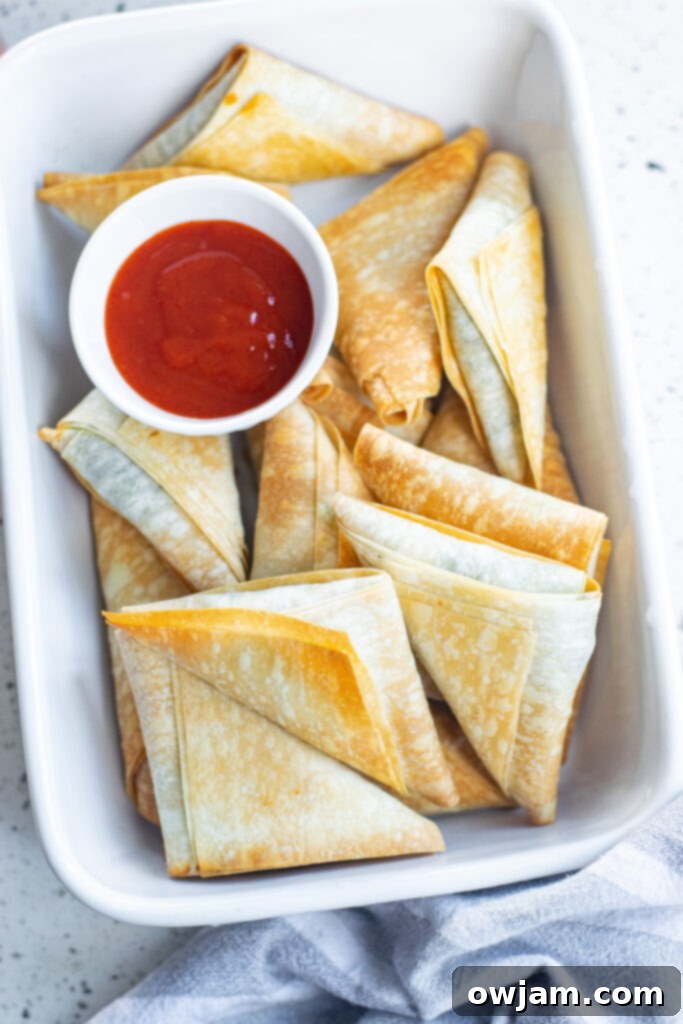 Crispy Spanakopita Pastries 11 Spanakopita Triangles Recipe served on a plate with a dollop of yogurt sauce.
