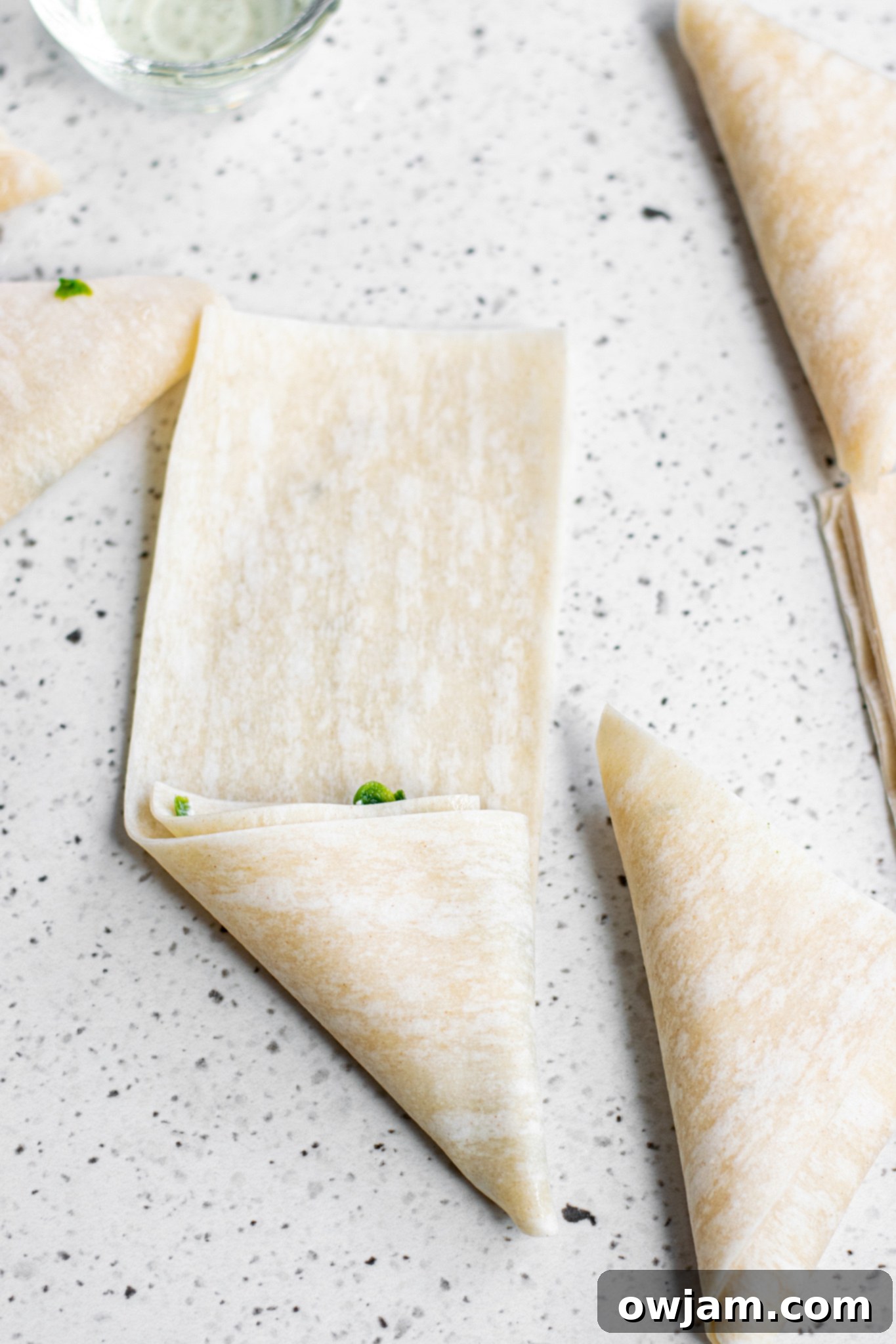 Crispy Spanakopita Pastries 8 Several raw Spanakopita Triangles Recipe folded and ready for baking on parchment paper.