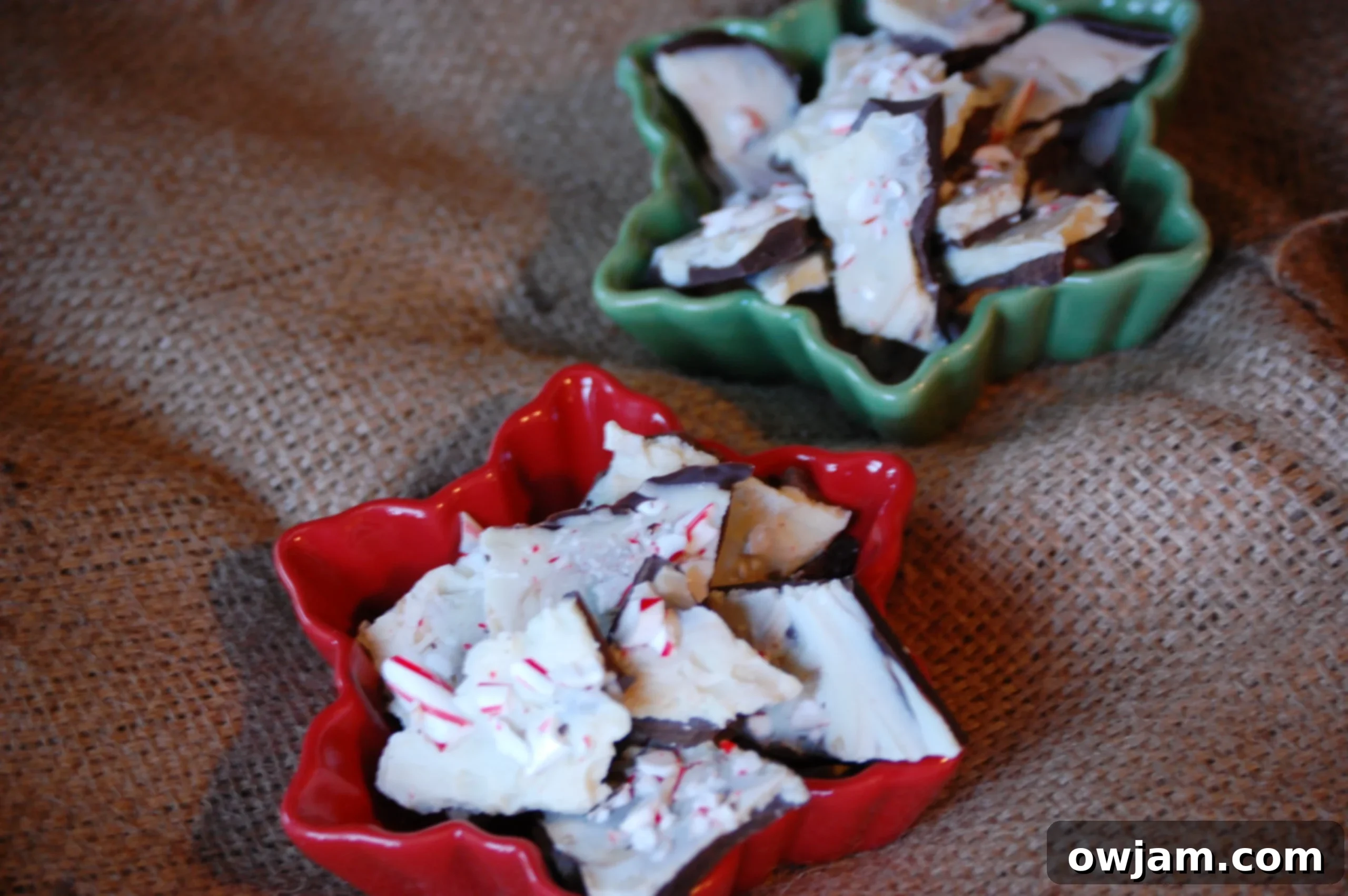Finished peppermint bark, showing layers of dark and white chocolate with crushed candy canes, ready to be enjoyed.
