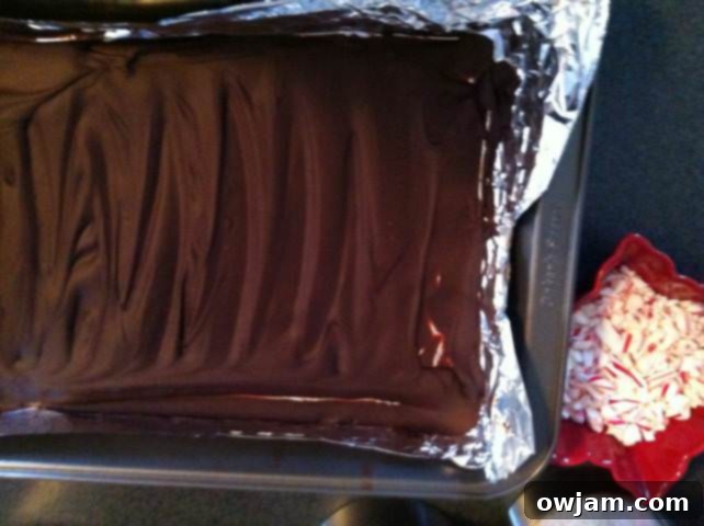 Smooth, melted dark chocolate spread evenly on a foil-lined baking sheet, forming the first layer of peppermint bark.
