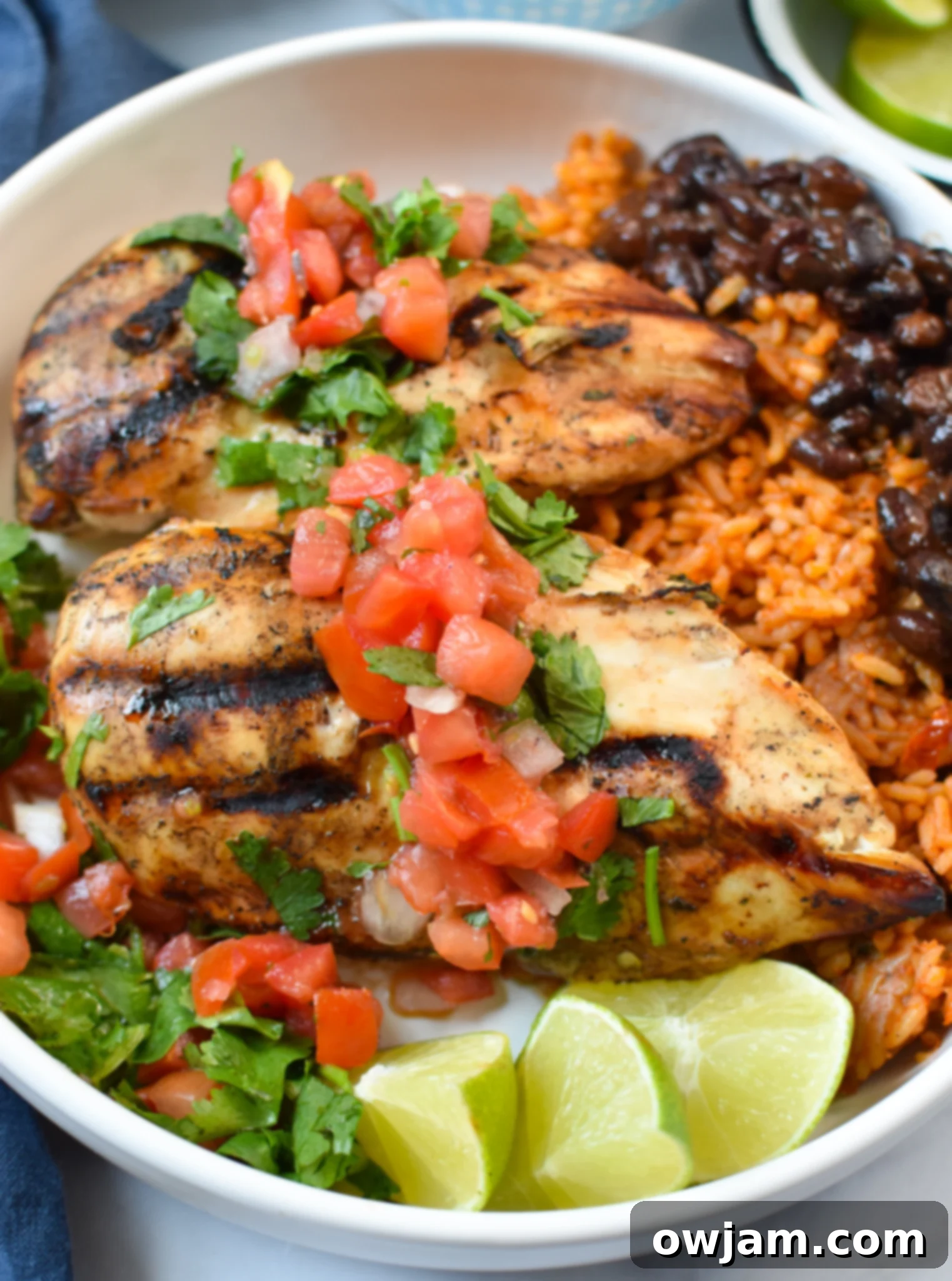 Margarita Marinated Grilled Chicken 2 Margarita Grilled Chicken in a vibrant rice bowl, topped with fresh pico de gallo and cilantro, ready to be enjoyed.