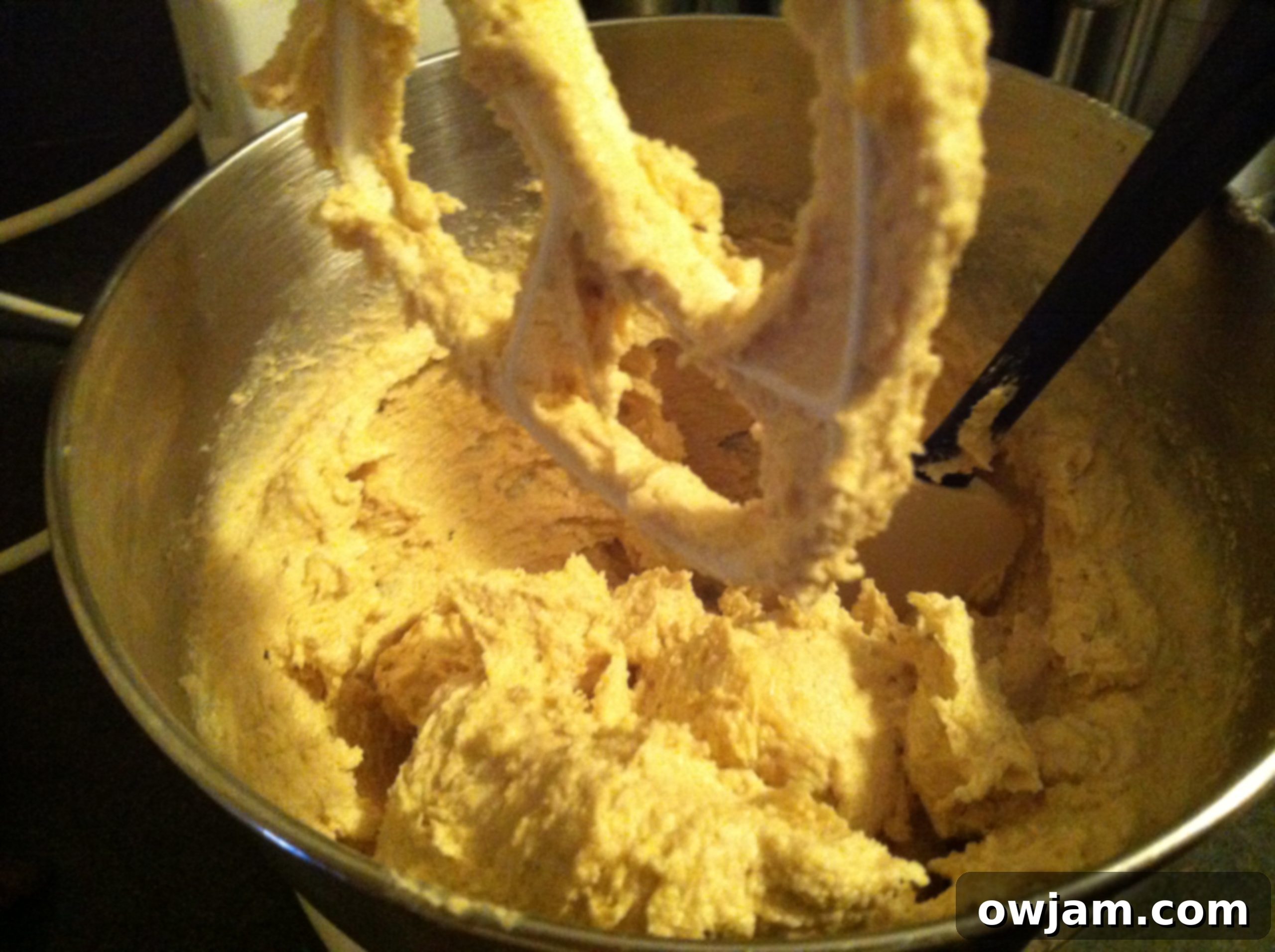 Mixing the creamy batter for Double Chip Chocolate Chunk Cookies
