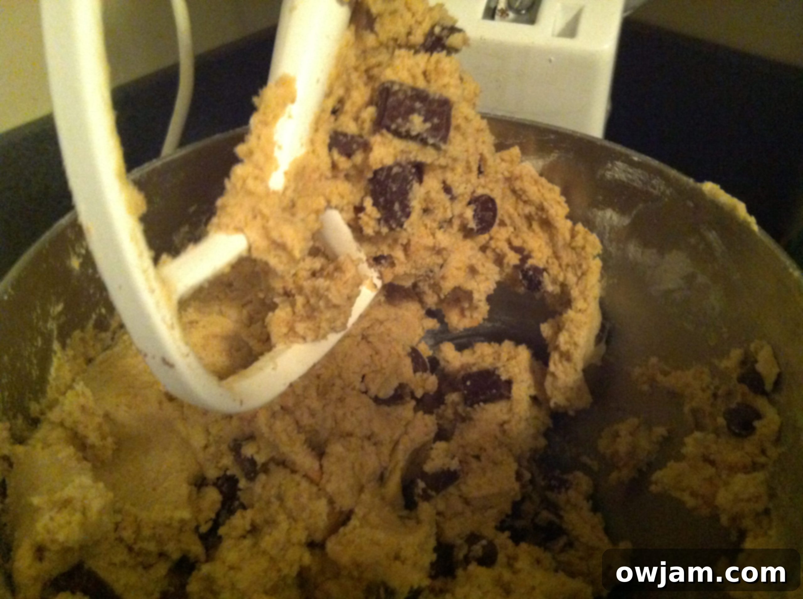 Close-up of cookie dough with generous double chocolate chips and chunks