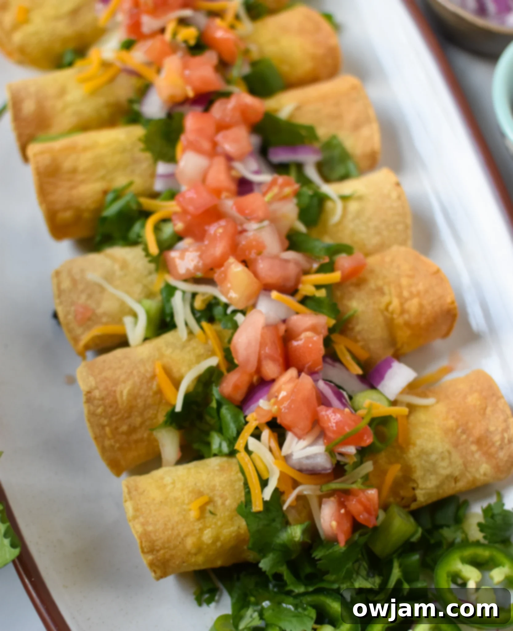 A close-up of Air Fryer Pork Taquitos garnished with fresh cilantro, showcasing their appealing golden color.