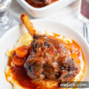 Braised Lamb Shank Recipe in a white bowl.