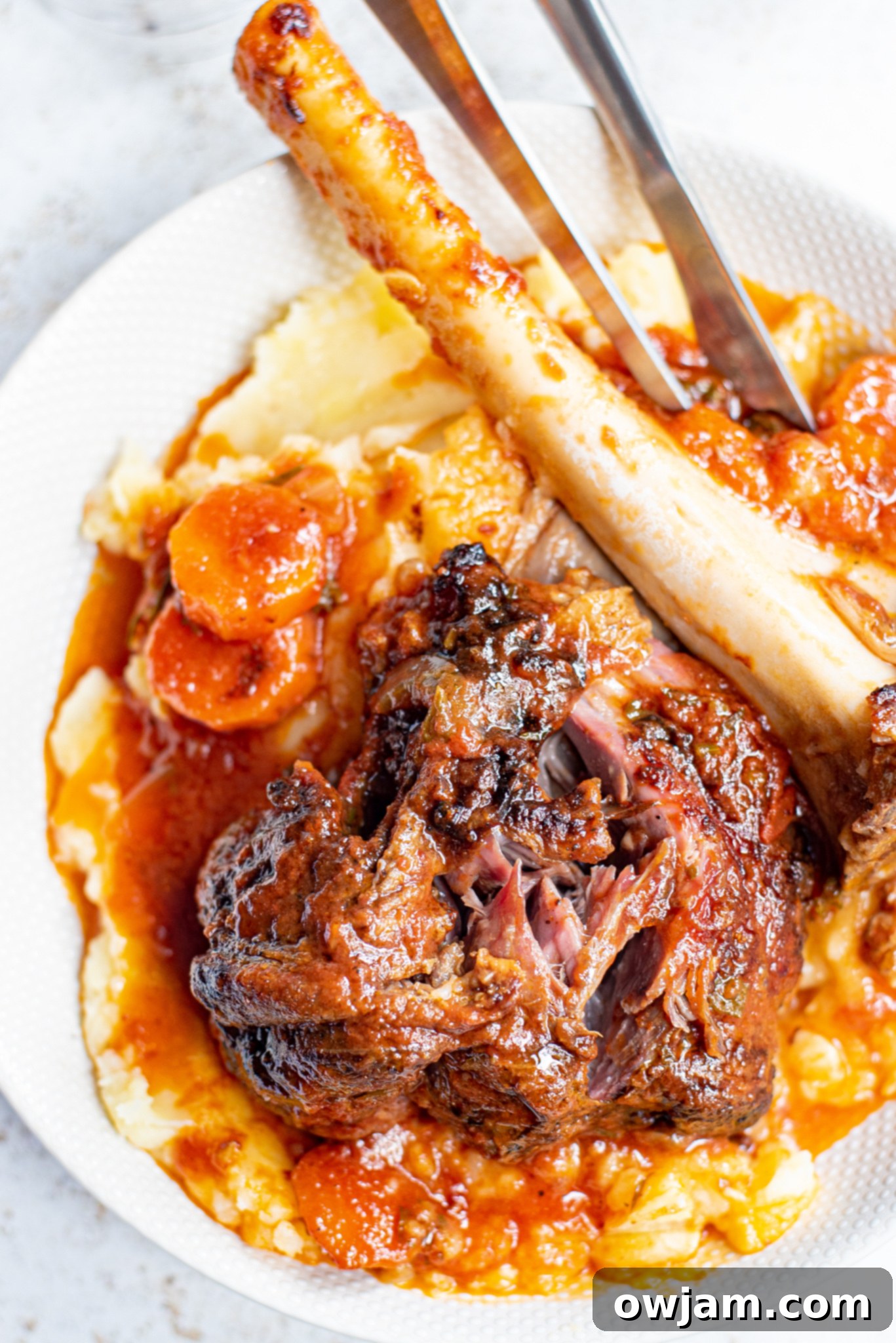 Tender braised lamb shank, with meat easily falling off the bone, ready to serve.