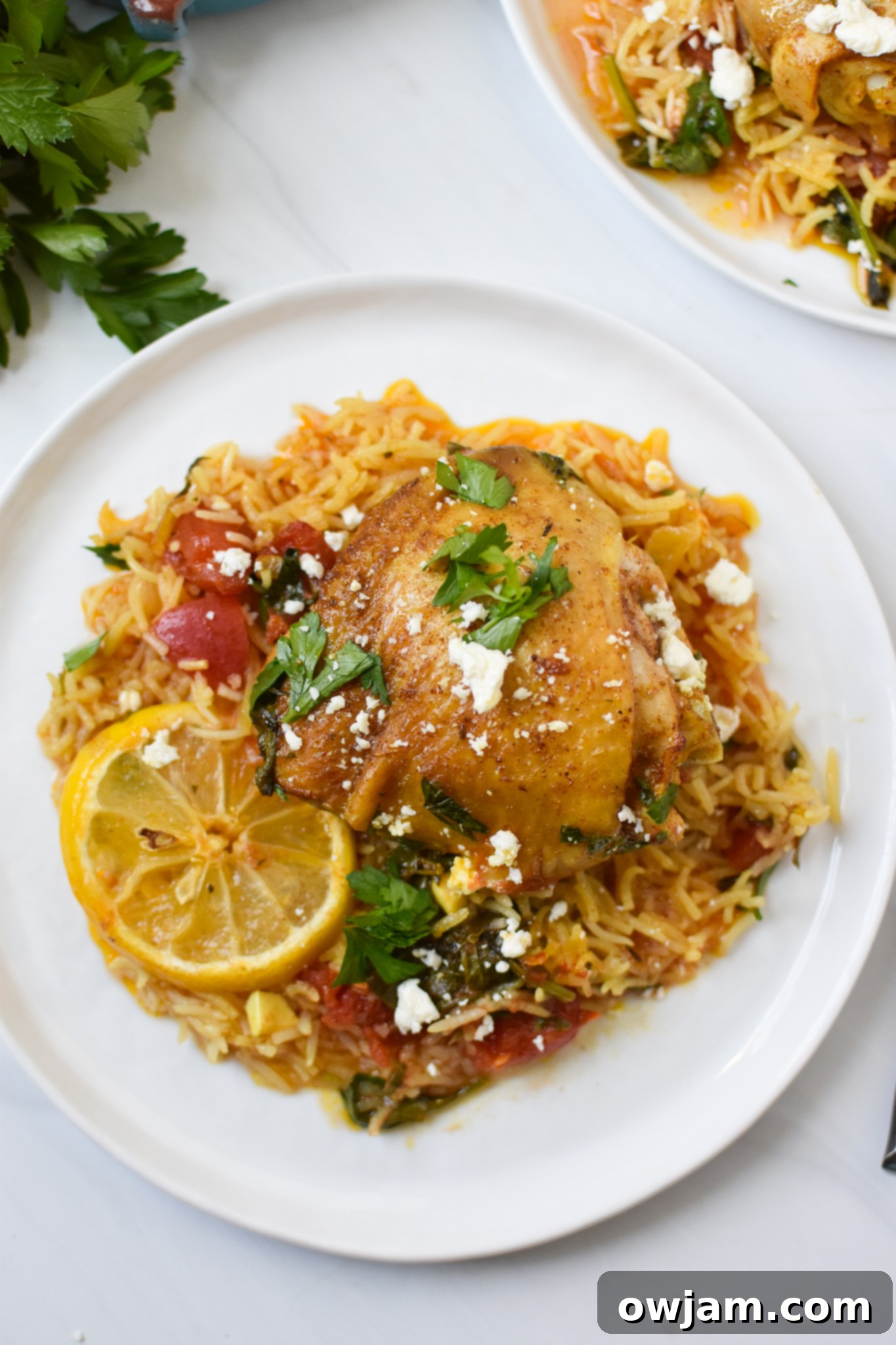 A serving of One Pot Mediterranean Chicken and Rice on a white plate, garnished with feta and parsley.