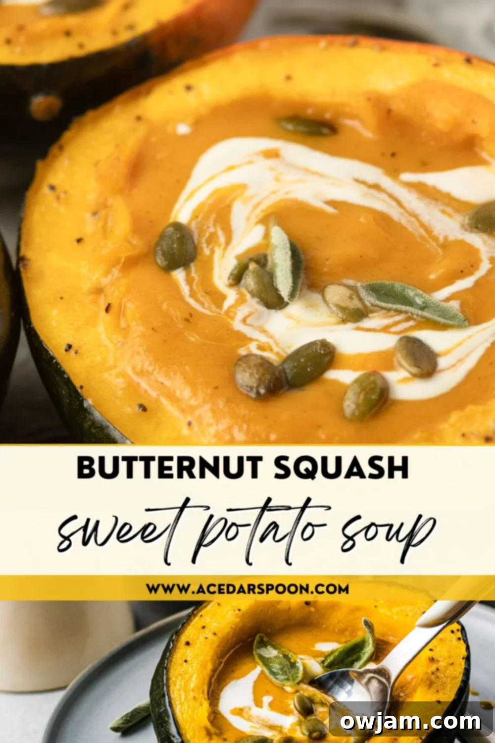 Golden Butternut Sweet Potato Comfort 13 Butternut Squash and Sweet Potato Soup with blog logo.