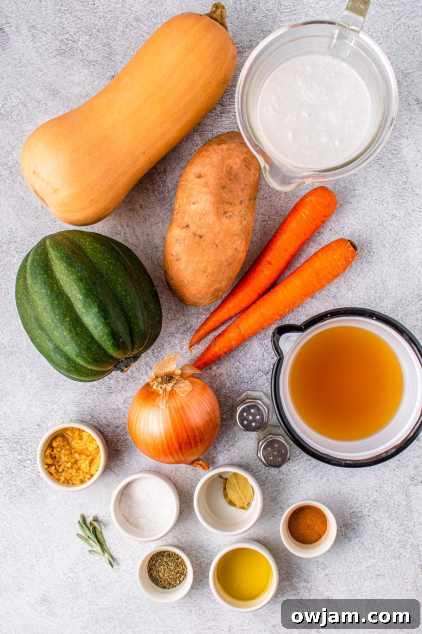 Golden Butternut Sweet Potato Comfort 3 Butternut Squash and Sweet Potato Soup ingredients laid out on a table.