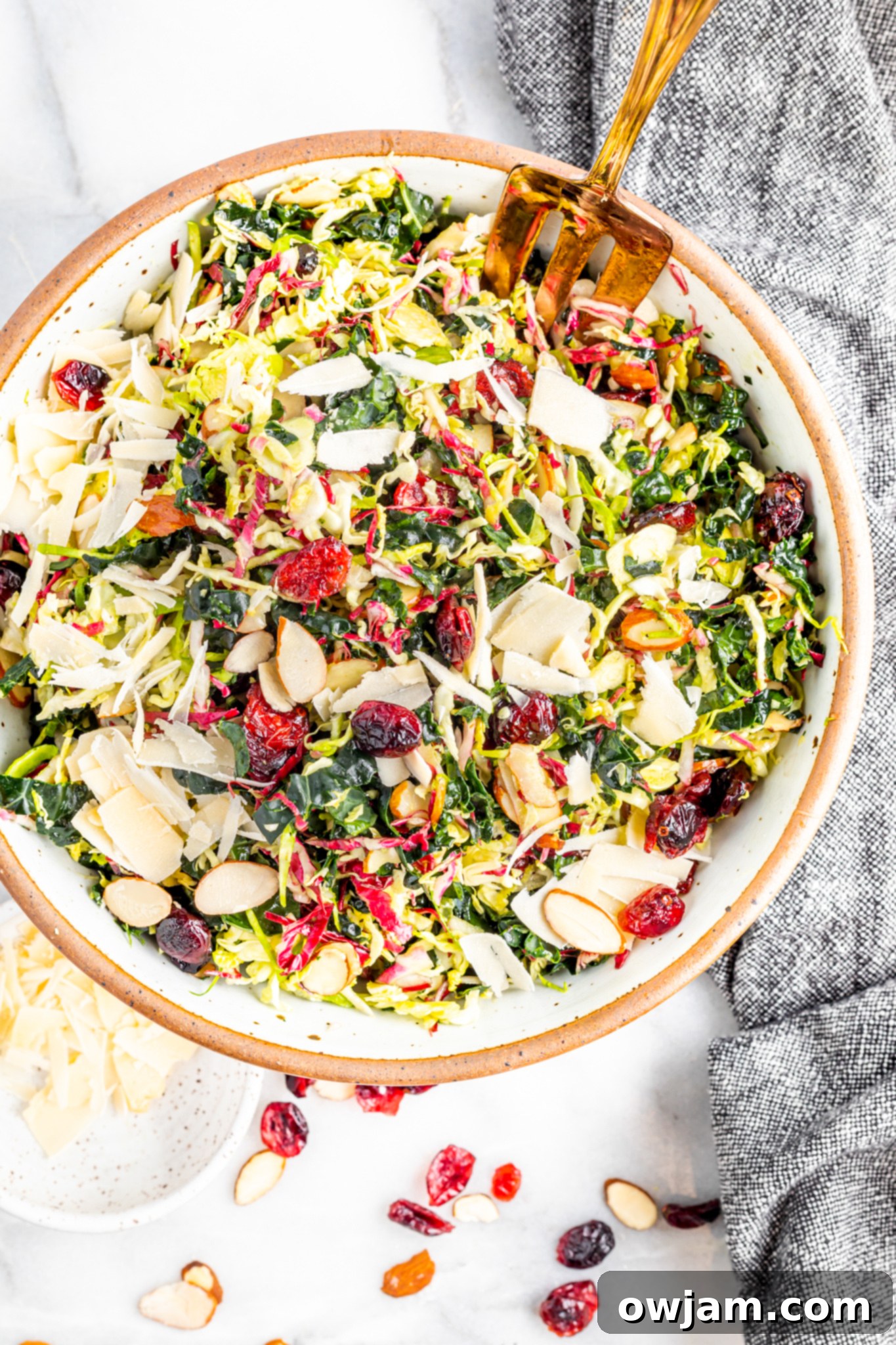 Crispy Kale Medley 5 Winter Coleslaw Salad in a bowl above view.