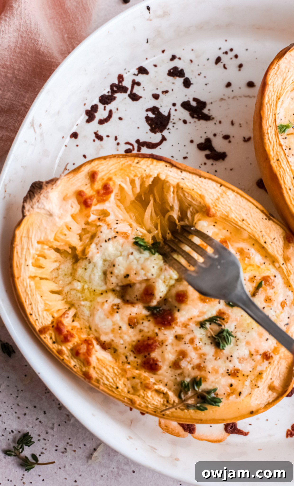 Baked Cheesy Spaghetti Squash Recipe in squash bowl, ready to eat.