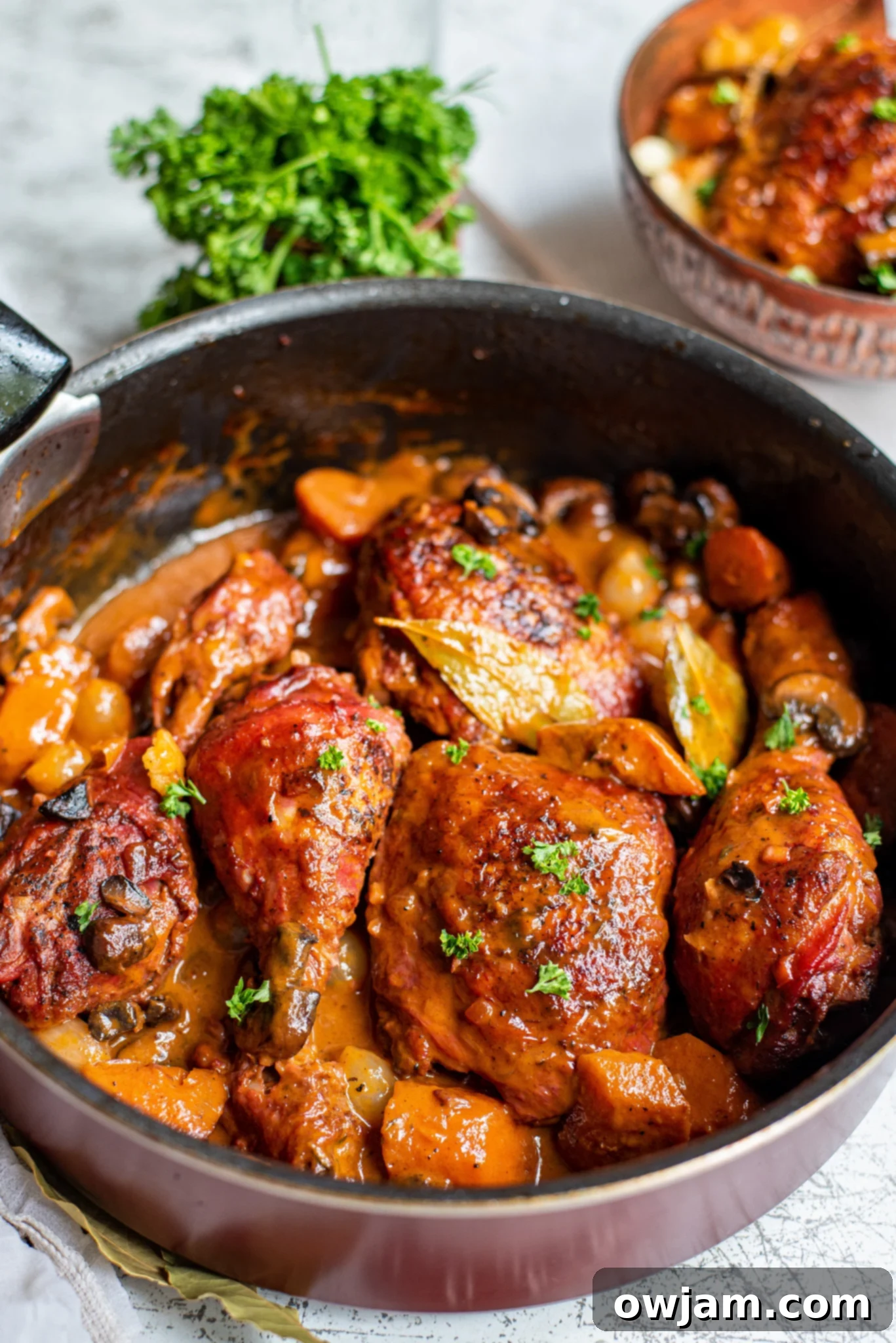 Preparing Coq au Vin: Ingredients gathered in a large Dutch oven before simmering.