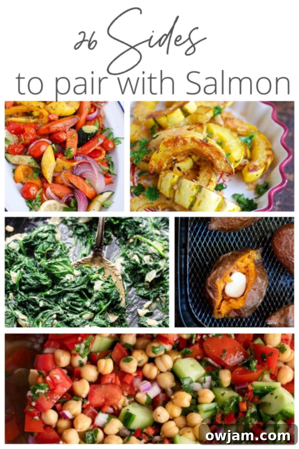 A collage featuring 26 diverse and delicious side dishes perfect for salmon, showcasing vibrant salads, roasted vegetables, and comforting starches.
