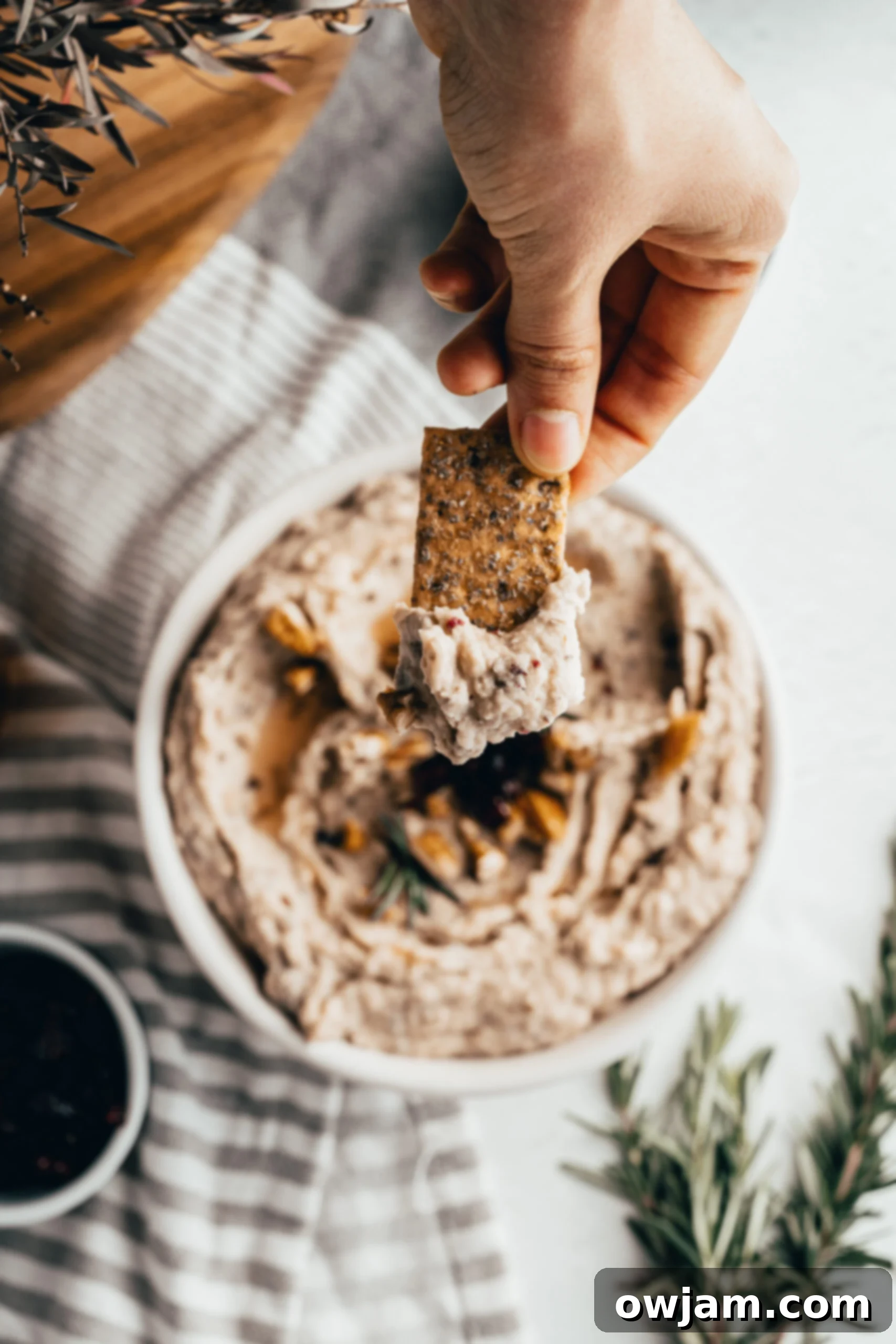 Festive Cranberry White Bean Hummus 3 White Bean Hummus with Cranberry served with an assortment of crackers, highlighting its smooth texture and festive toppings.