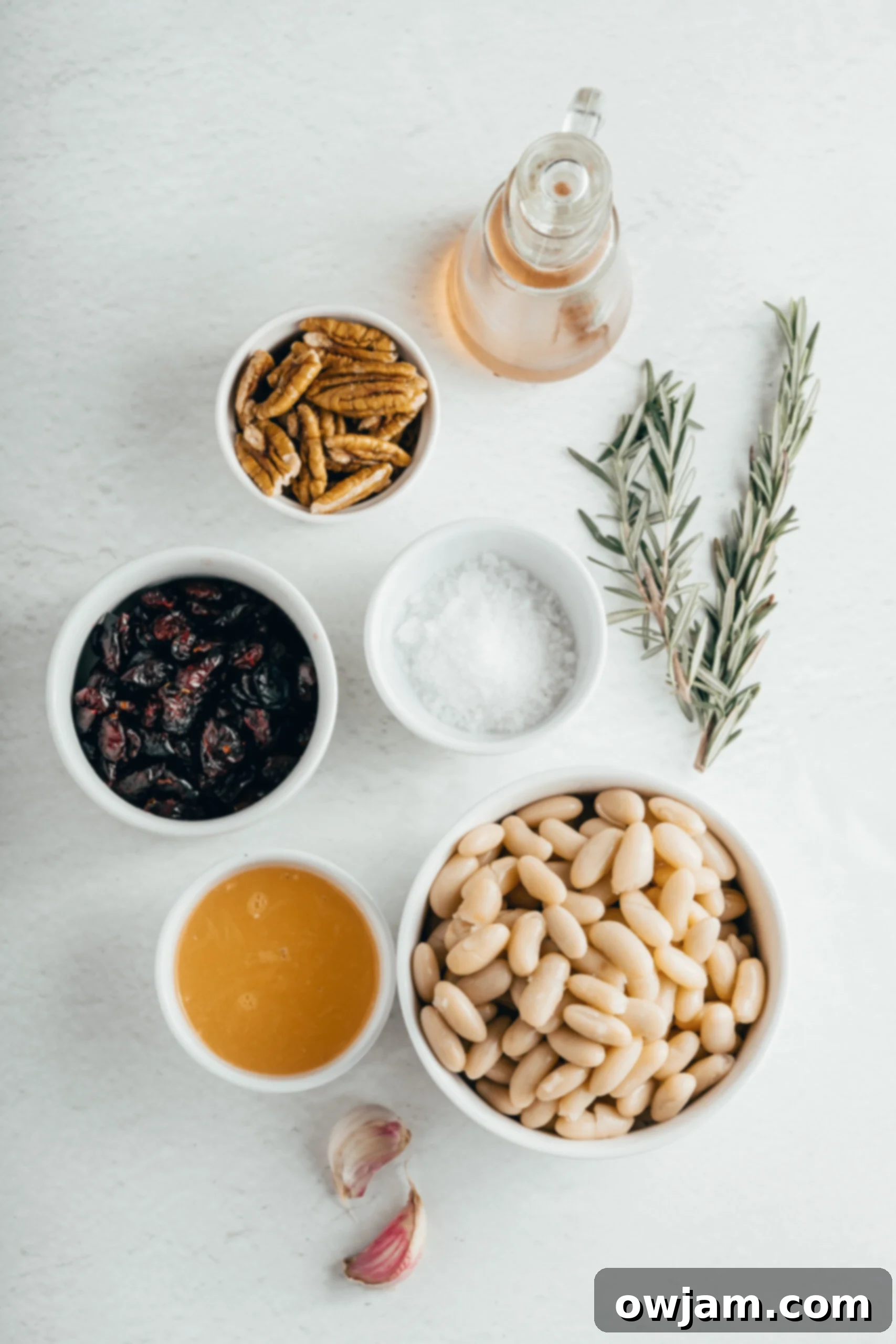 Festive Cranberry White Bean Hummus 5 Key ingredients for White Bean Hummus with Cranberry arranged on a wooden surface, including canned beans, dried cranberries, orange, olive oil, garlic, and fresh rosemary.