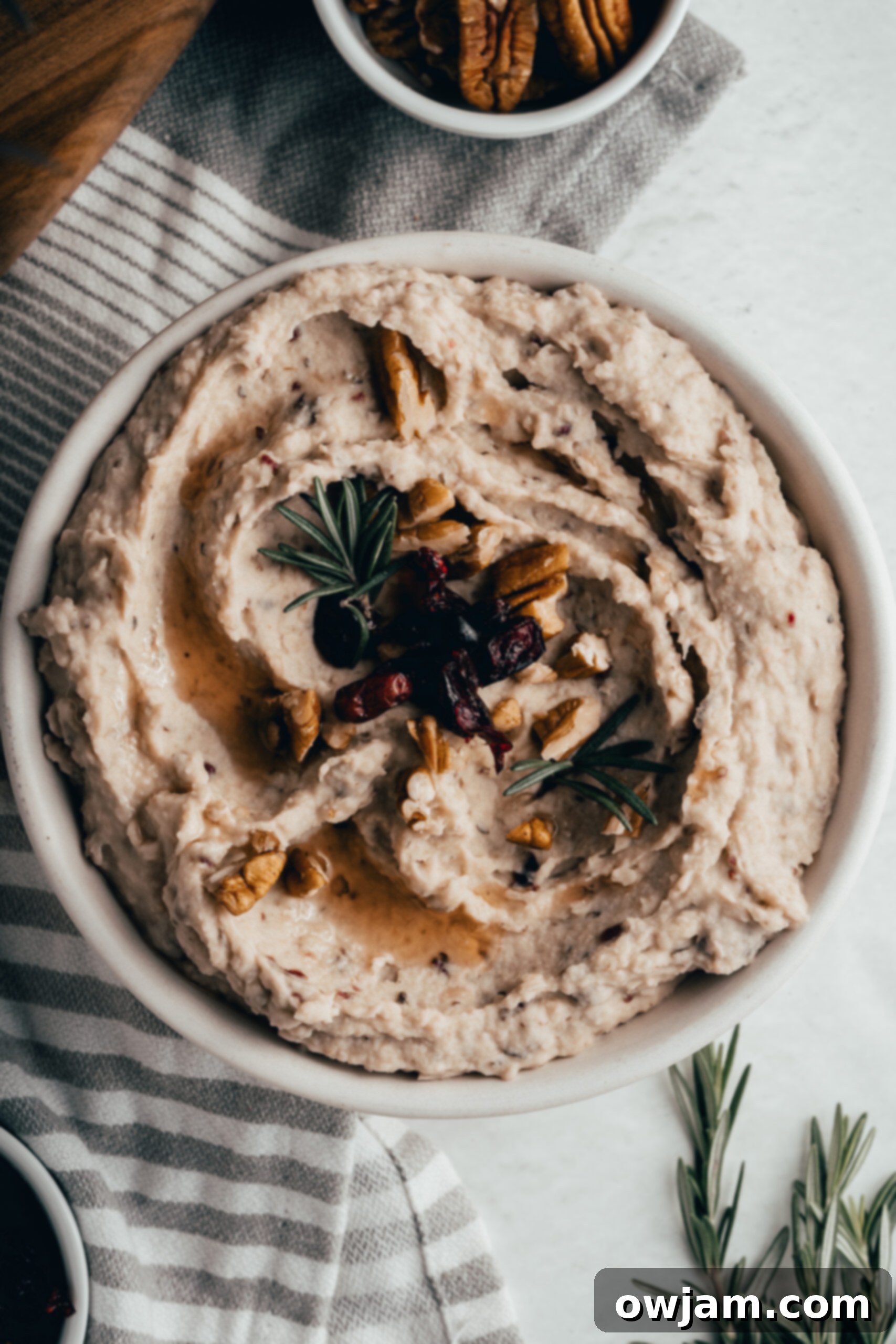 Festive Cranberry White Bean Hummus 9 White Bean Hummus with Cranberry beautifully presented in a bowl, garnished with fresh rosemary for a touch of elegance.