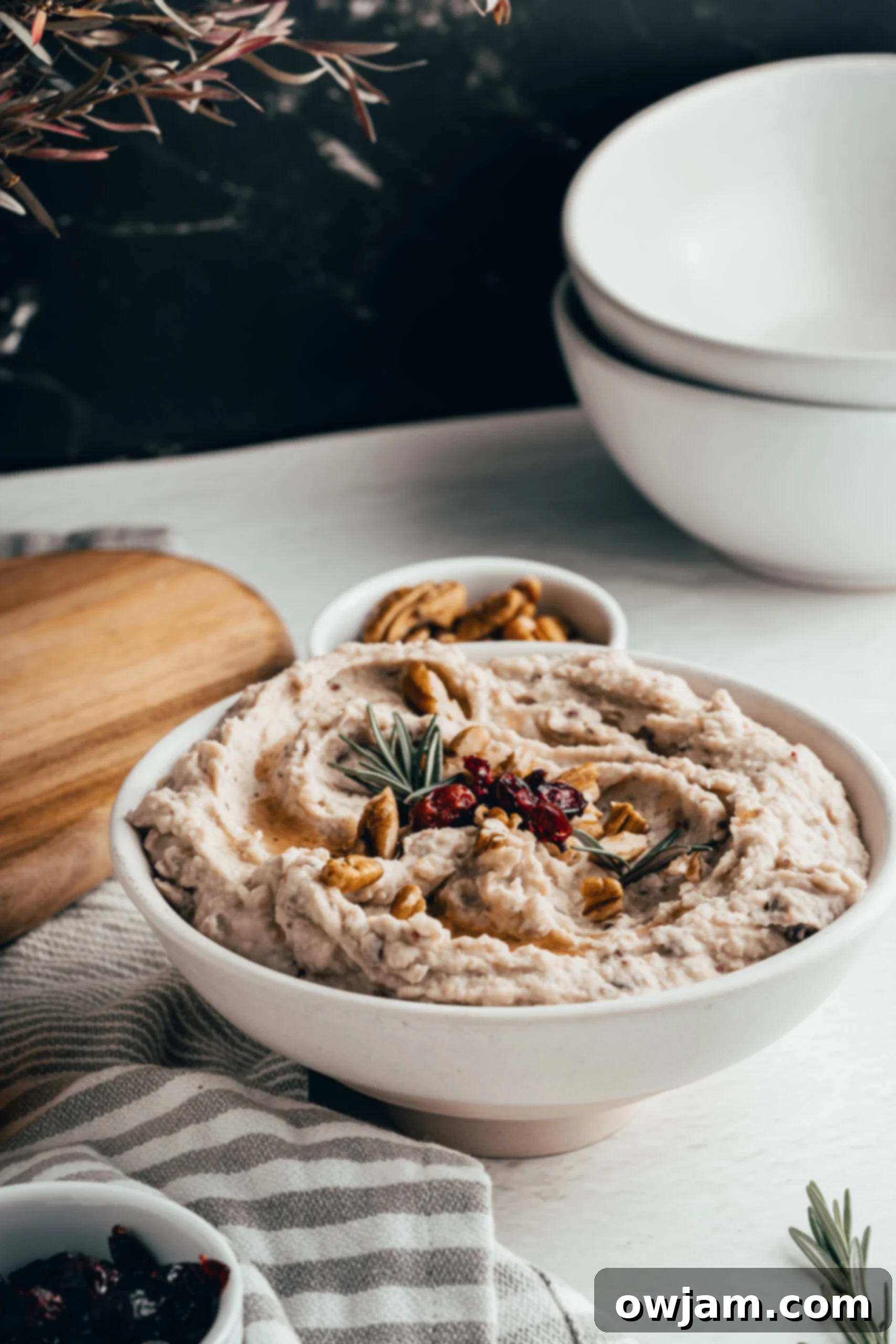 Festive Cranberry White Bean Hummus 10 Another appealing view of the delicious White Bean Hummus with Cranberry in a clean white serving bowl.