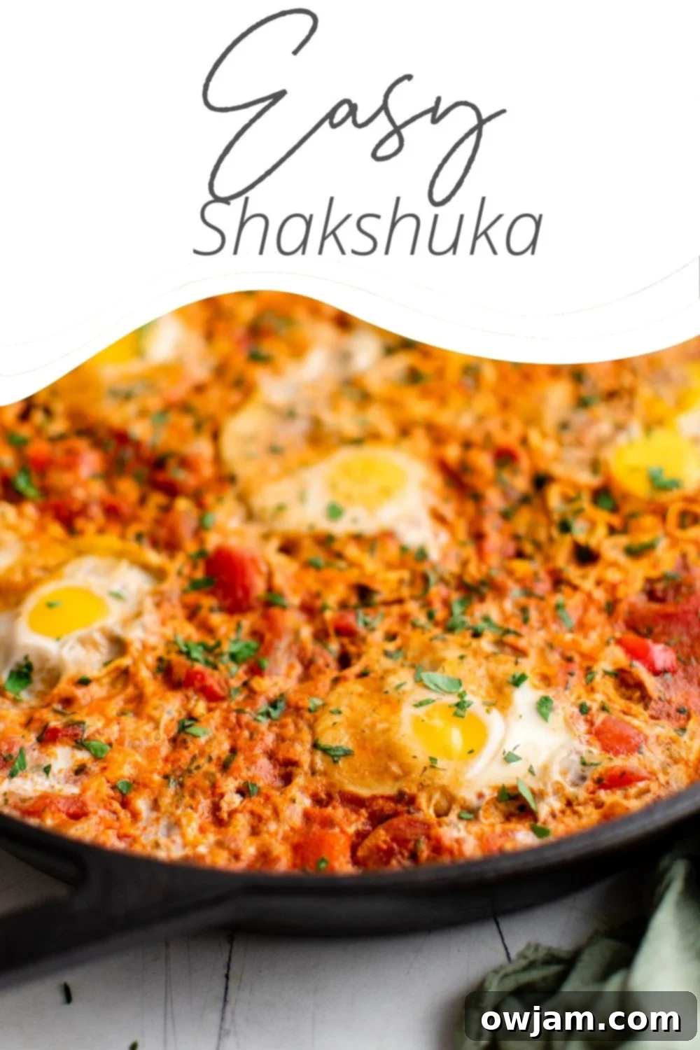 Effortless Shakshuka 13 Easy Shakshuka with a recipe logo background.