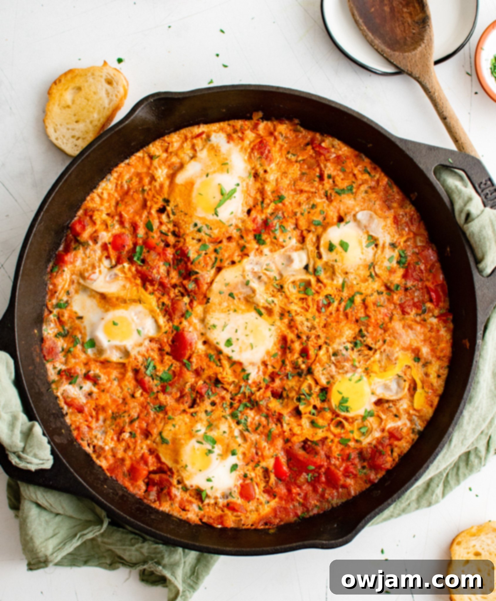 Effortless Shakshuka 10 Finished Easy Shakshuka simmering in the skillet, ready to serve.