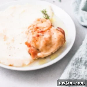 Delicious Instant Pot Creamy Rosemary Chicken 11 Instant Pot Creamy Rosemary Chicken on a white plate, ready to be served.