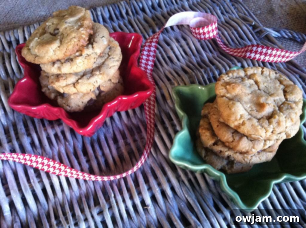 Close-up of baked Peanut Butter Oatmeal Chocolate Chip Cookies on a cooling rack