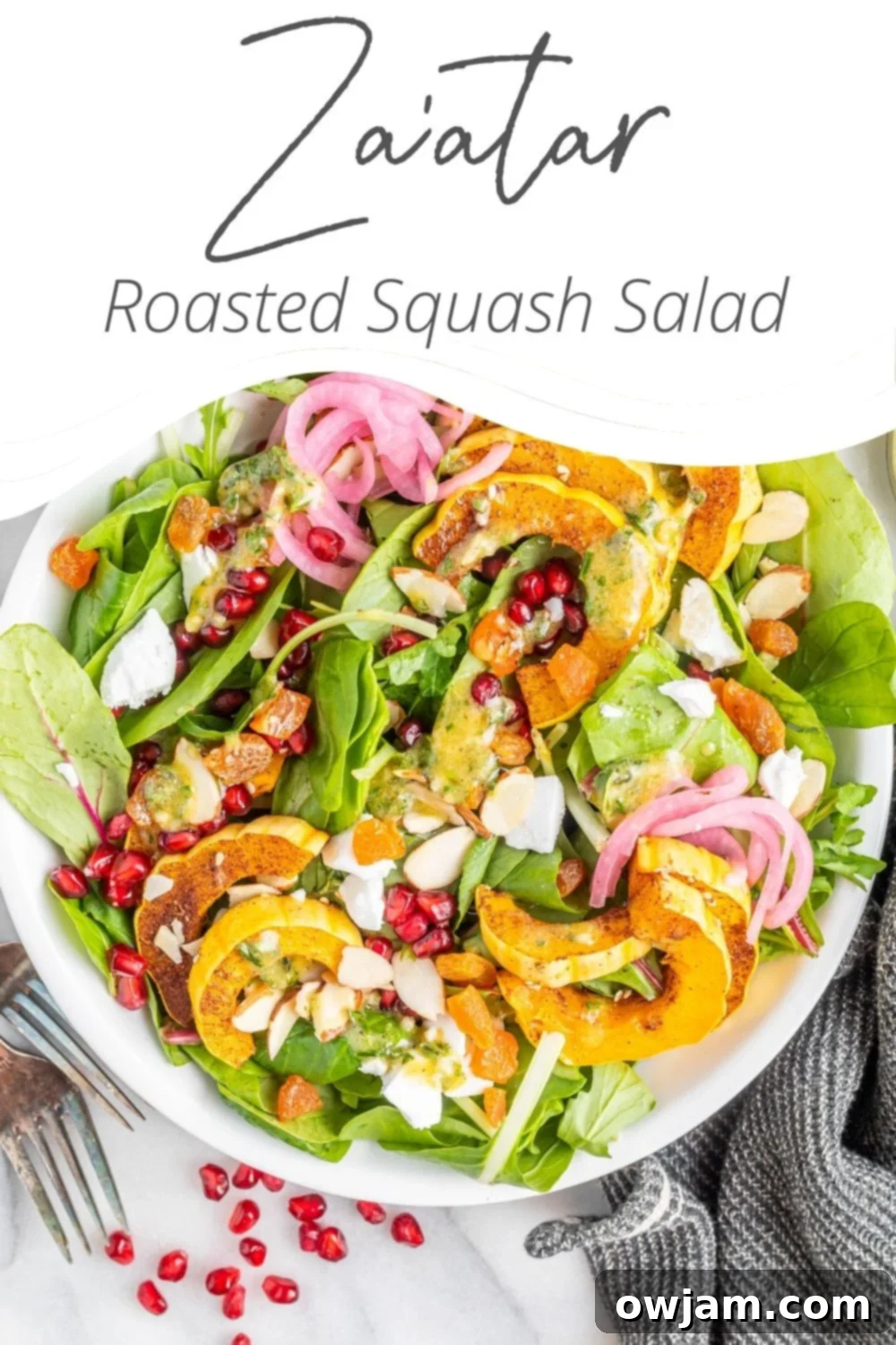 Brand logo with the Za'atar Roasted Delicata Squash recipe image, inviting readers to engage.