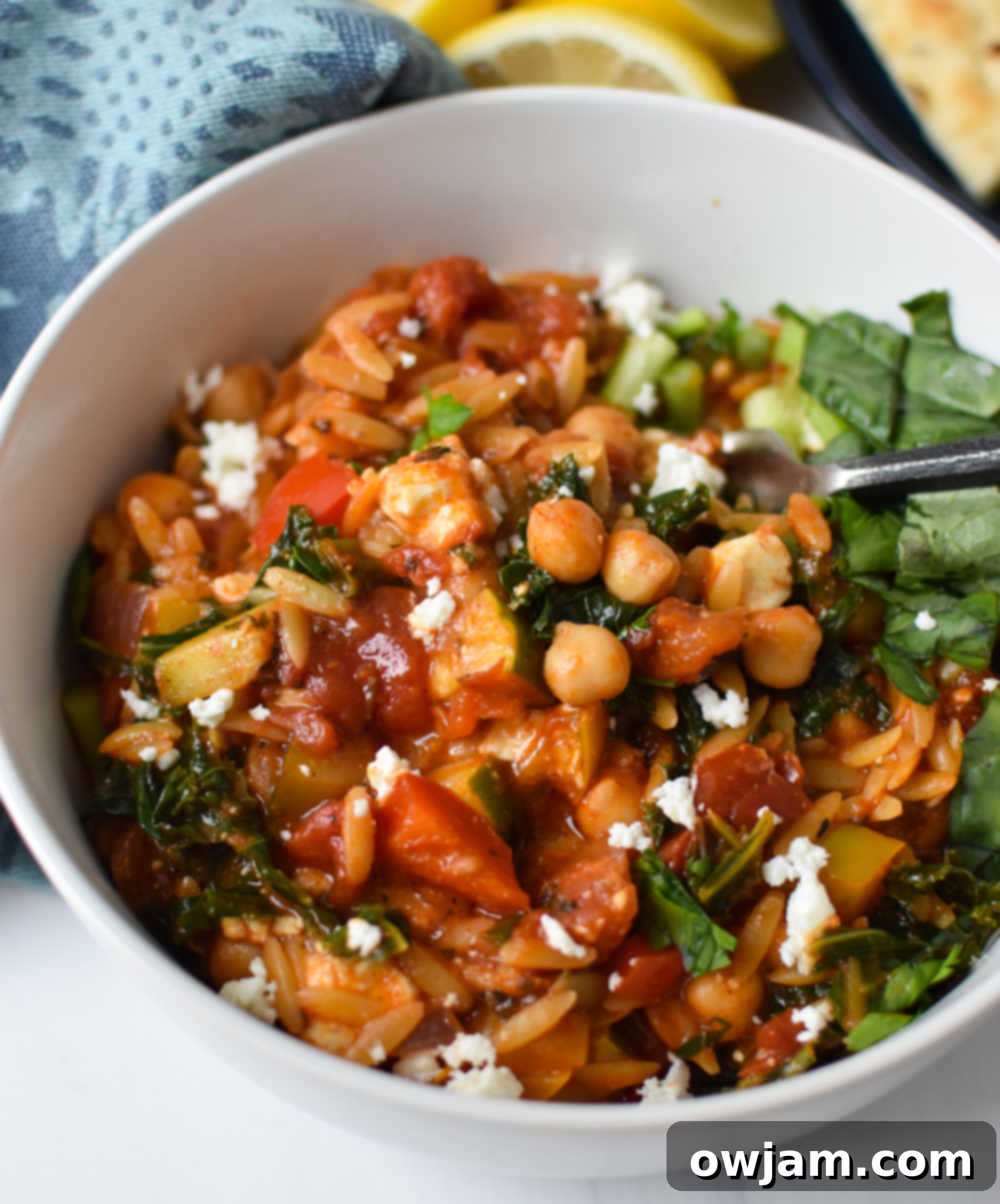 A bowl of Mediterranean Orzo Pasta garnished with fresh herbs and lemon slices.