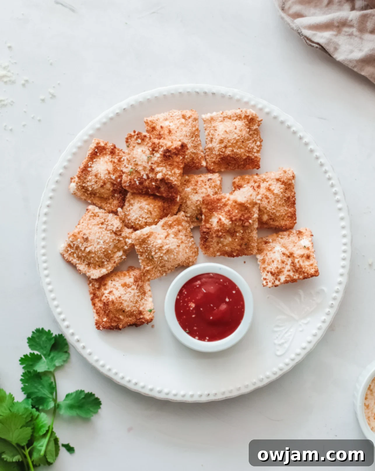 Crispy Air Fried Ravioli served on a white plate, garnished with fresh herbs.