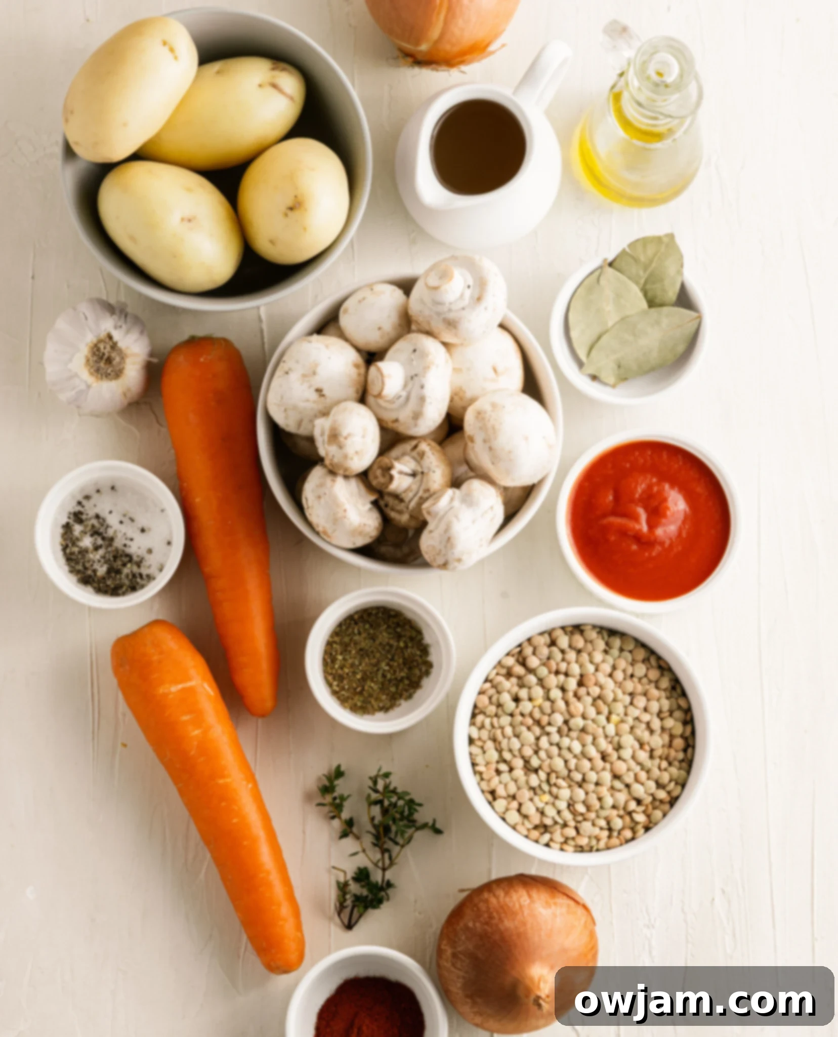 My Lentil Mushroom Stew ingredients laid out on a board, showcasing fresh vegetables, lentils, and spices.