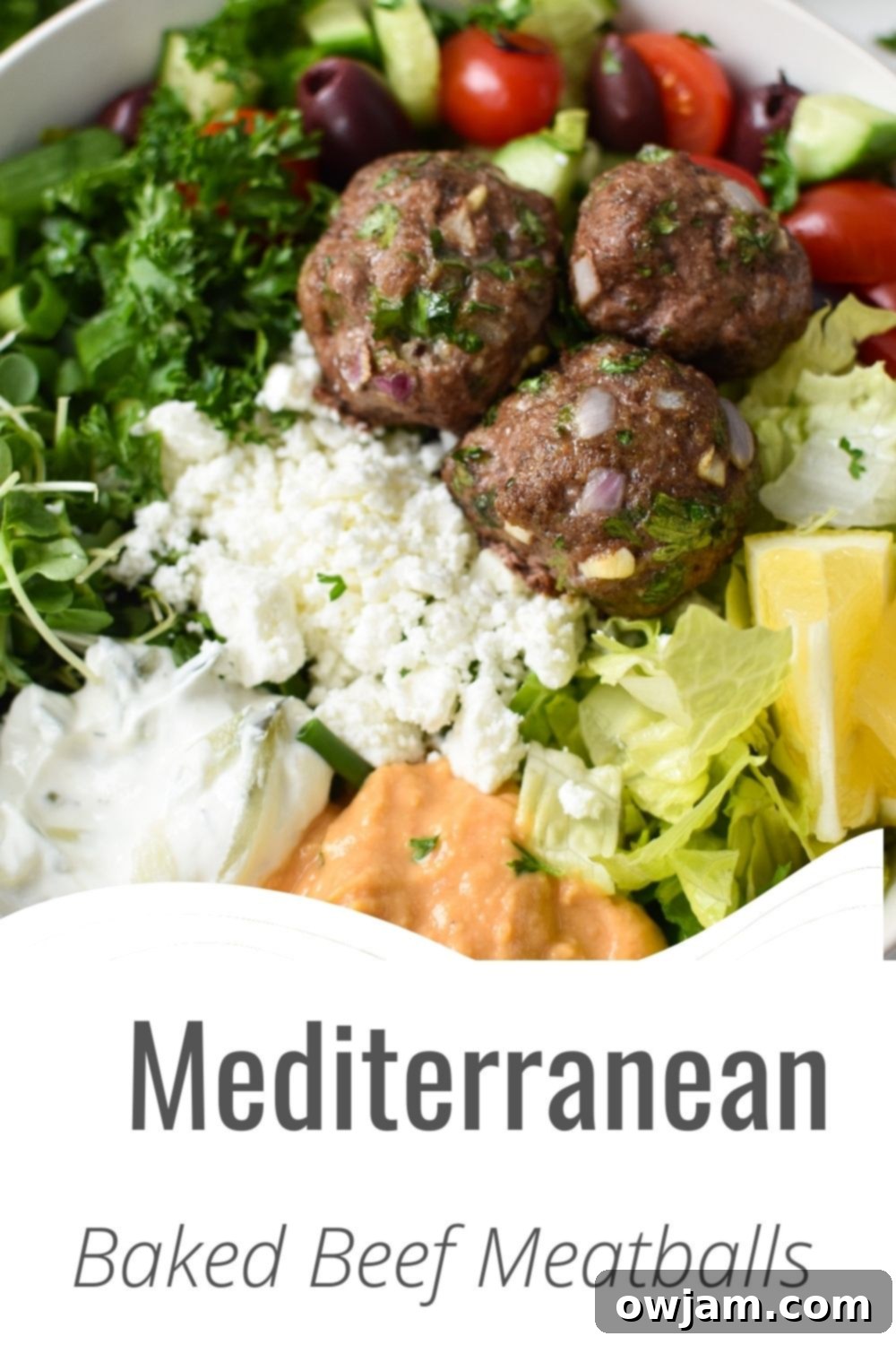 Mediterranean Baked Beef Meatballs with logo.