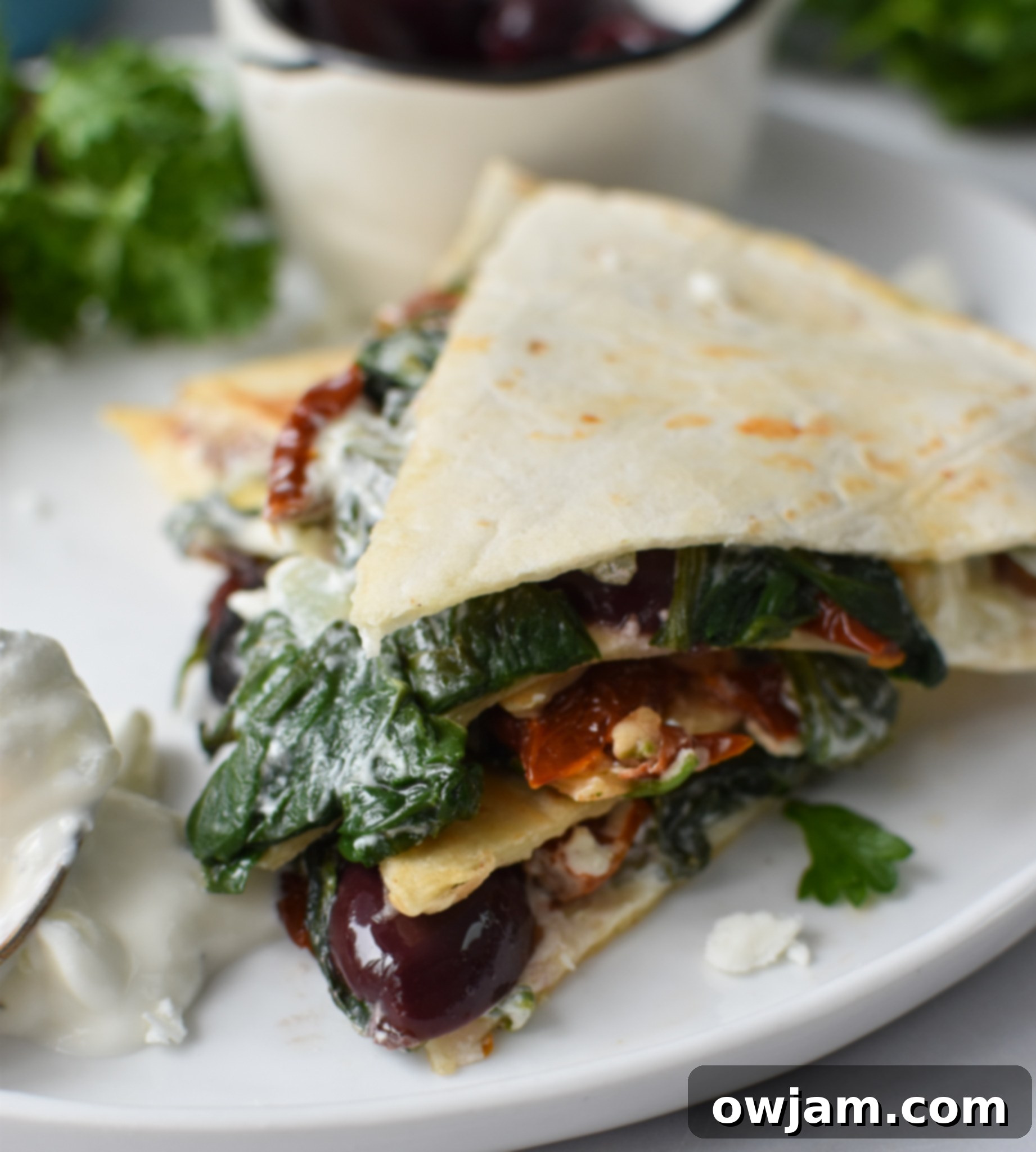 Easy Cheesy Veggie Quesadillas 4 Easy Vegetarian Quesadilla Recipe on a white plate, cut into wedges.