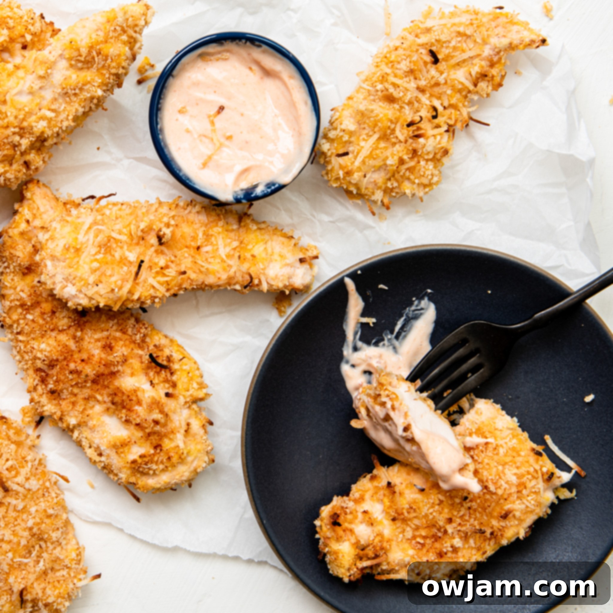 Air Fryer Coconut Chicken Tenders with a fork.