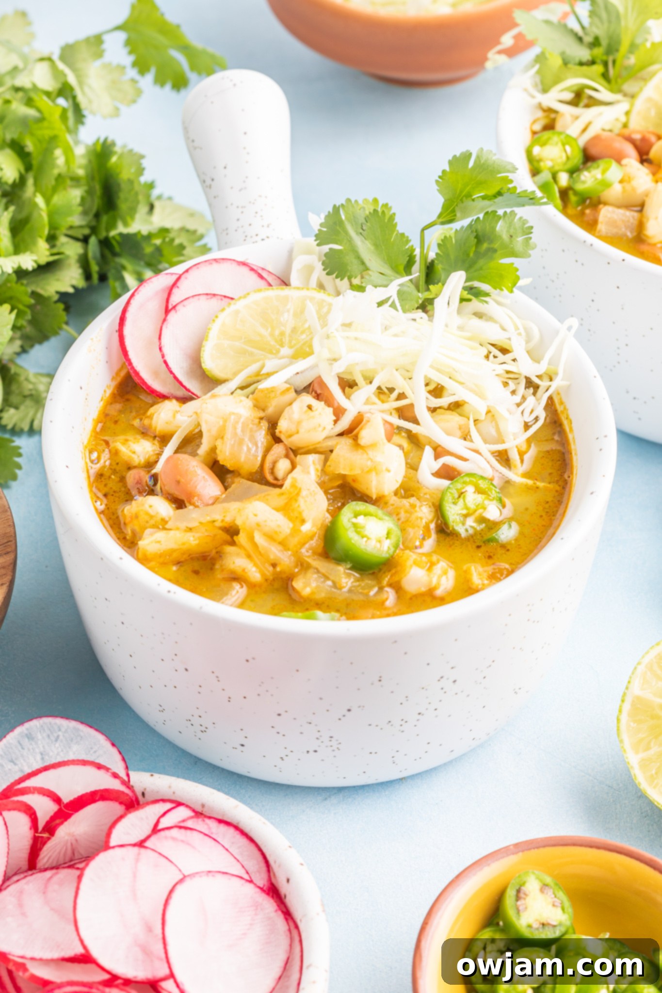 Comforting Pinto Bean Soup 2 Vegan Pinto Bean Soup in a white bowl, garnished with radishes and cilantro.