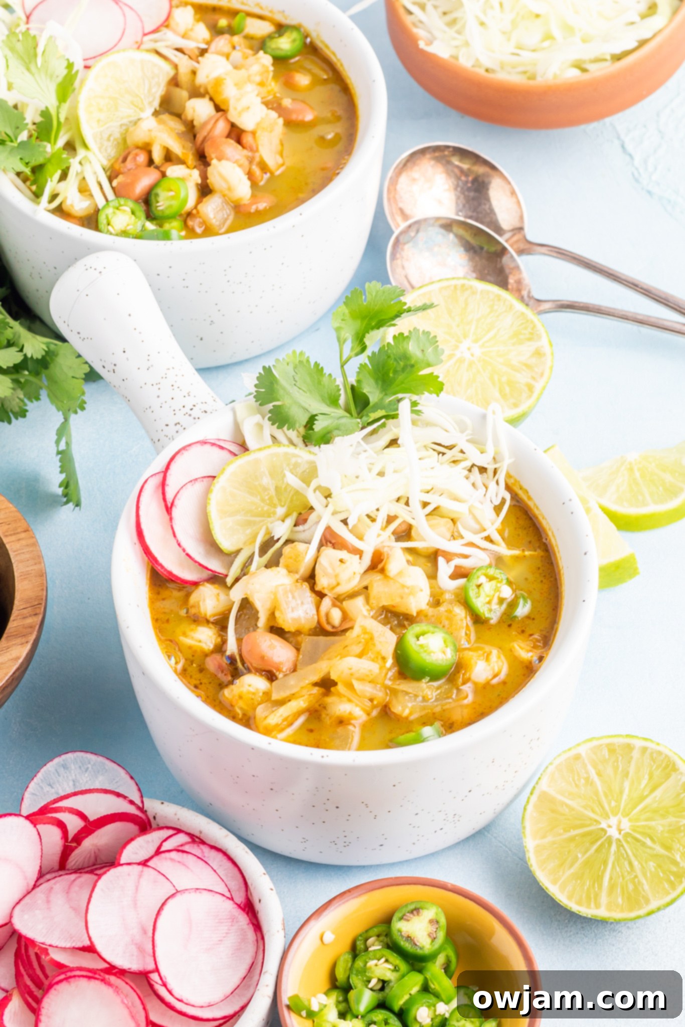 Comforting Pinto Bean Soup 4 Vegan Pinto Bean Soup with radishes and cilantro in a white bowl.