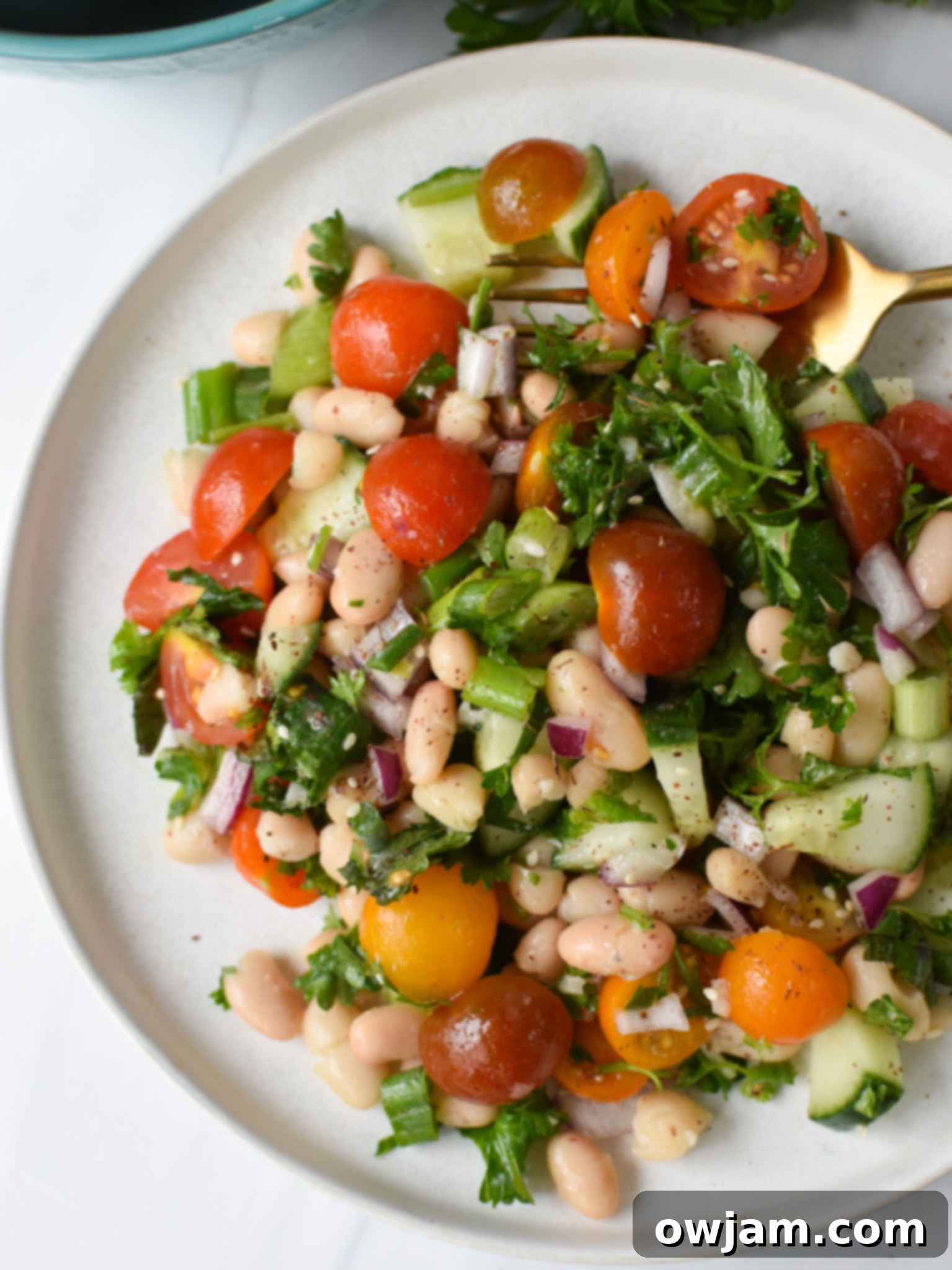 Sun Drenched White Bean Medley 5 Mediterranean White Bean Salad served on a white plate, garnished with fresh herbs.