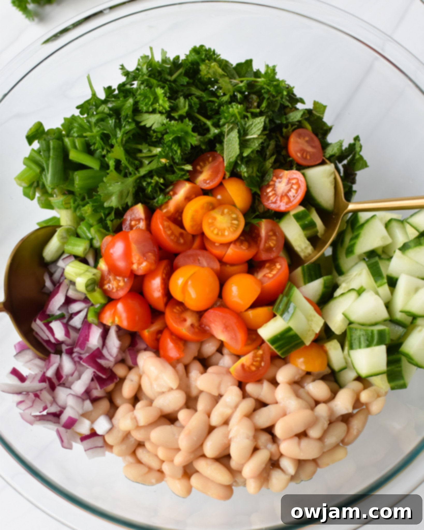 Sun Drenched White Bean Medley 6 Mediterranean White Bean Salad in a clear bowl, showcasing the fresh vegetables and creamy beans.