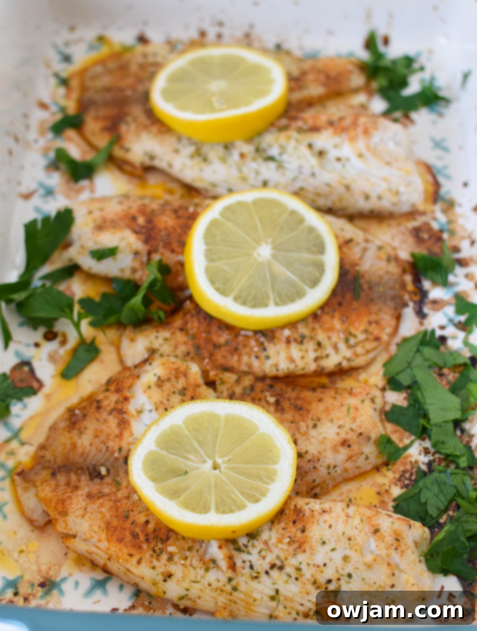 Greek Baked Tilapia in a pan with lemons. 