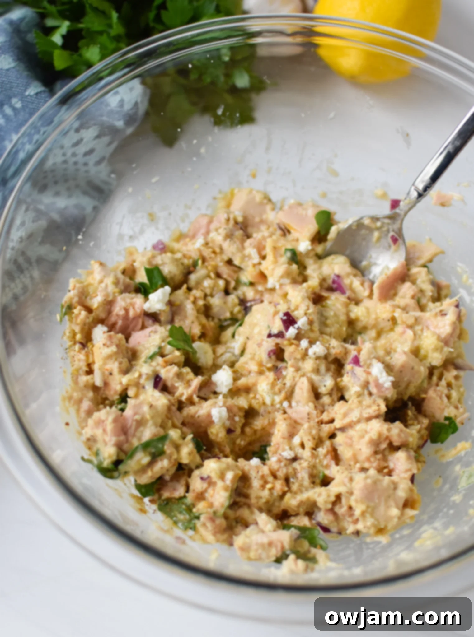 The well-mixed tuna patty mixture in a bowl, ready to be formed.