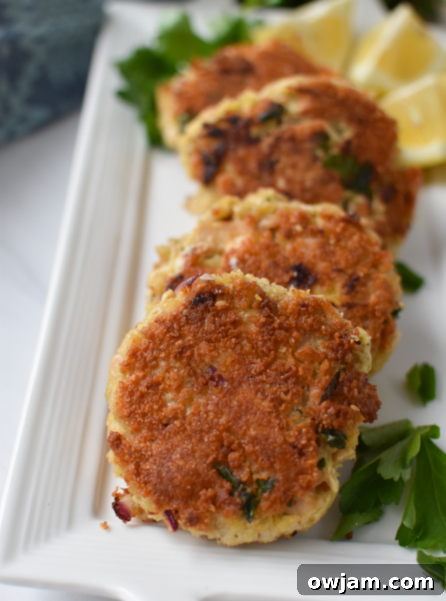 Two Mediterranean Tuna Patties on a white plate, ready to be enjoyed.