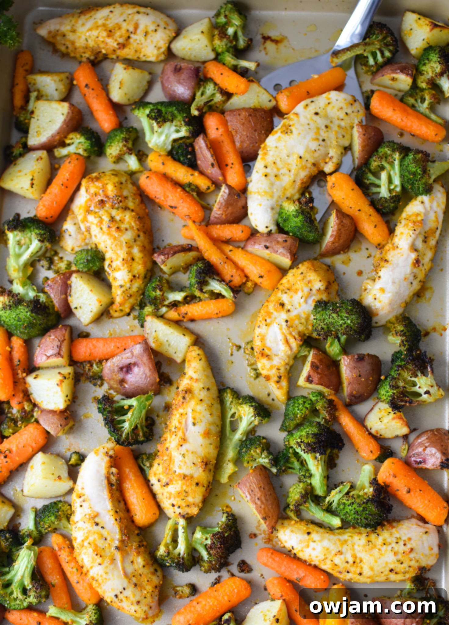 One-Pan Lemon Parmesan Chicken Tenders 2 Golden brown Sheet Pan Lemon Parmesan Chicken Tenders and roasted vegetables on a baking sheet, ready to serve.