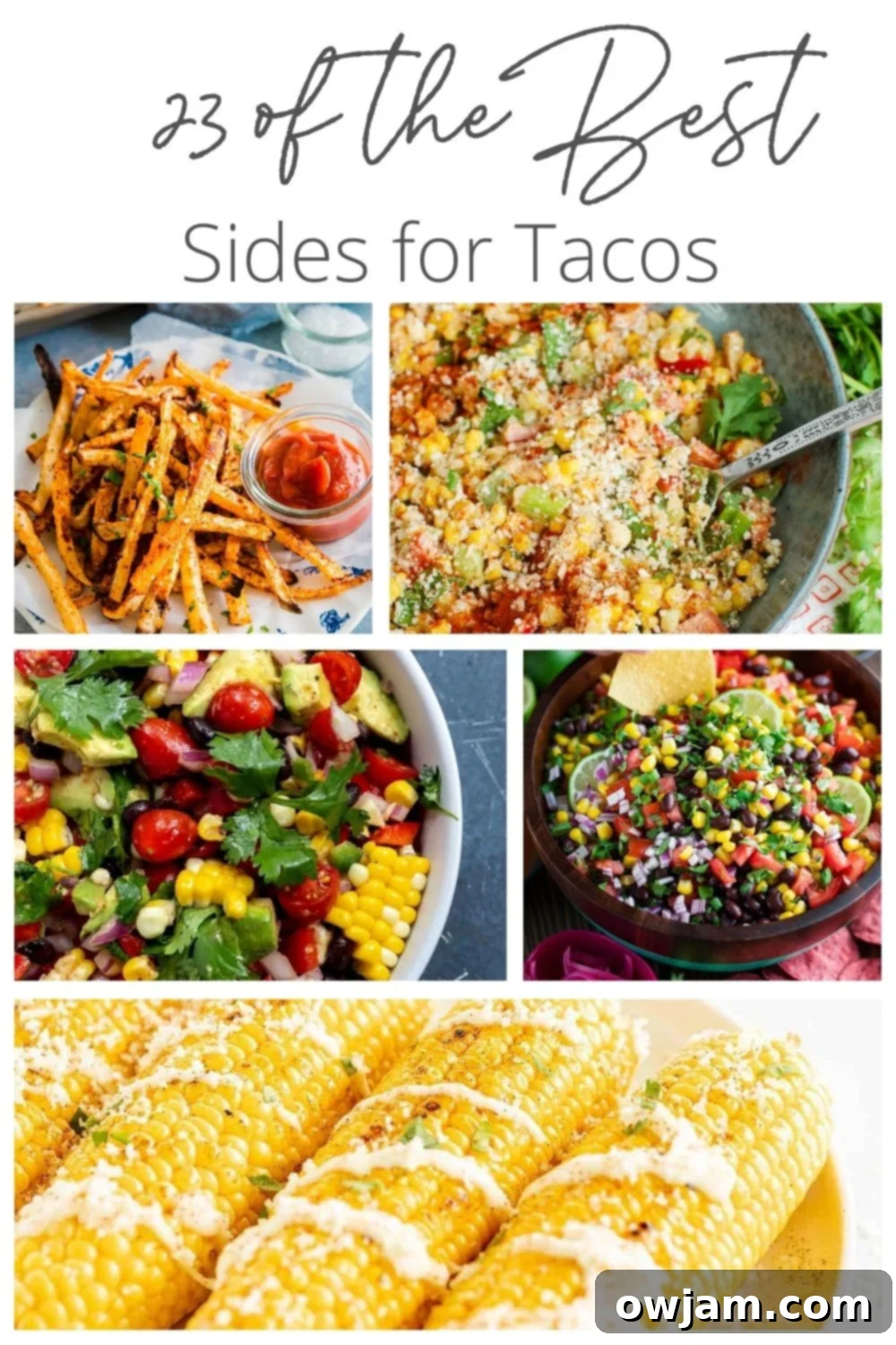 23 Irresistible Sides to Elevate Your Taco Night 2 A vibrant spread of 23 best sides to serve with tacos, including fresh salads, zesty salsas, hearty rice, and tangy pickled vegetables, artfully arranged next to delicious tacos.