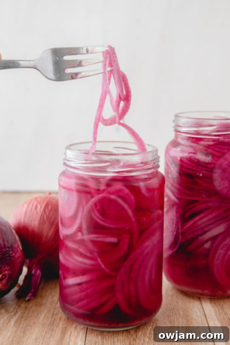 23 Irresistible Sides to Elevate Your Taco Night 18 A jar of vibrant Quick Pickled Red Onions, thinly sliced and submerged in a pickling liquid, ready to add a tangy crunch to any dish.