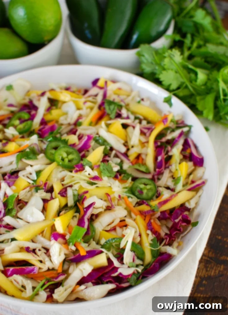 23 Irresistible Sides to Elevate Your Taco Night 4 A bowl of Easy Mango Cabbage Coleslaw, featuring shredded purple and green cabbage, diced mango, and a light, tangy dressing.