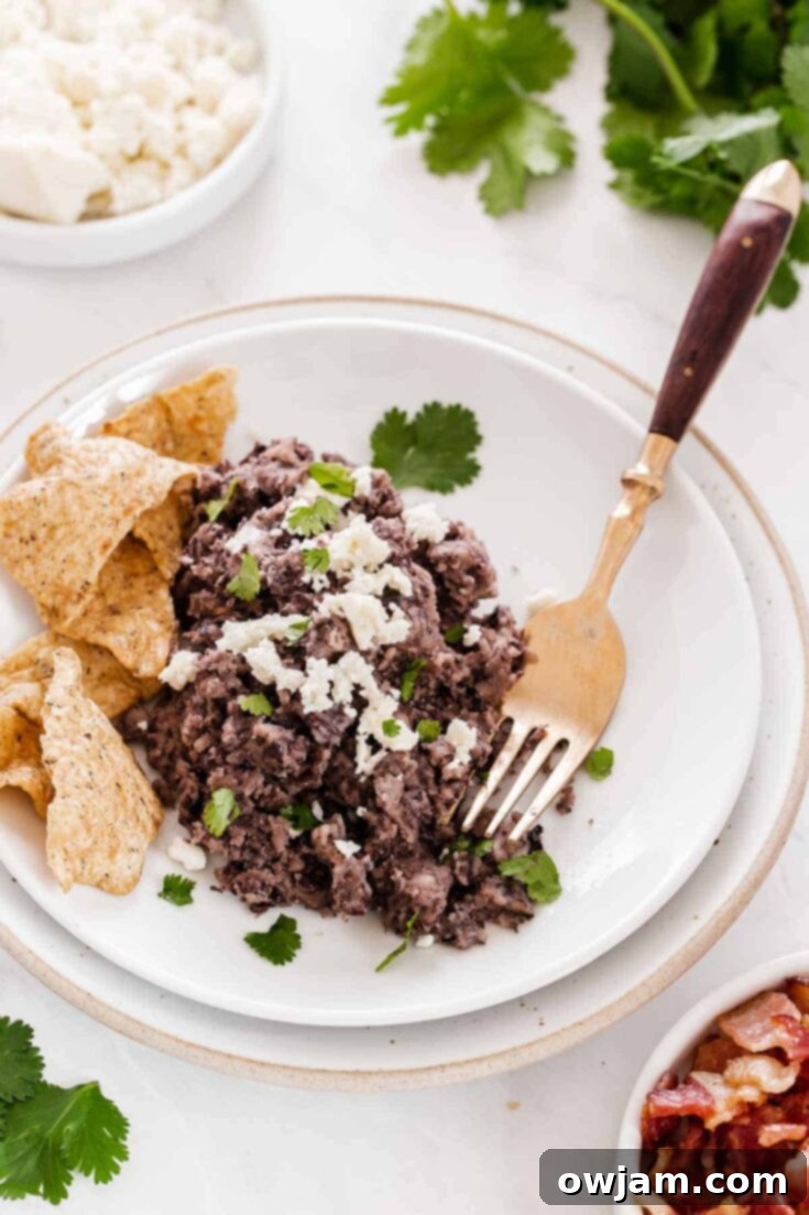 23 Irresistible Sides to Elevate Your Taco Night 6 A bowl of creamy Refried Black Beans, garnished with fresh cilantro and a dollop of sour cream or crema, ready to be served.