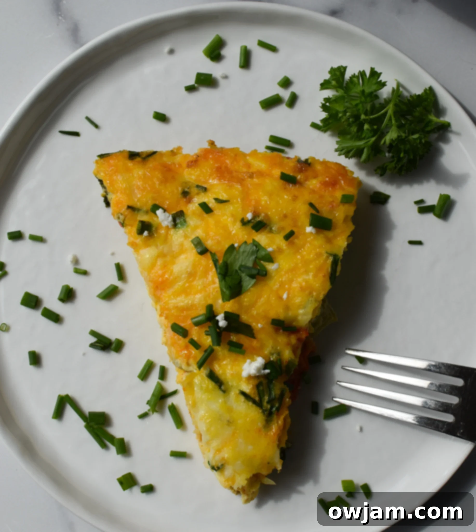Mediterranean Vegetable Frittata Recipe with a fork on a white plate. A slice of Mediterranean frittata on a white plate, with a fork gently piercing it, showcasing its rich texture and colorful vegetables.