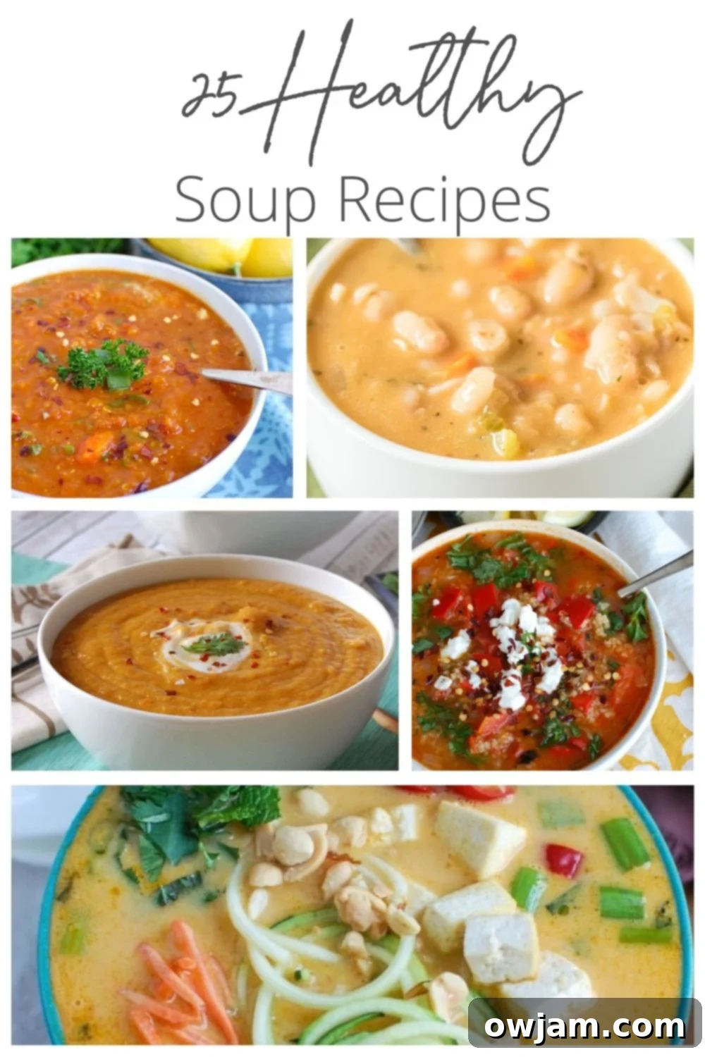 A collection of various healthy and colorful soups in bowls, featuring different ingredients like lentils, vegetables, and chicken, with a 'A Cedar Spoon' logo.