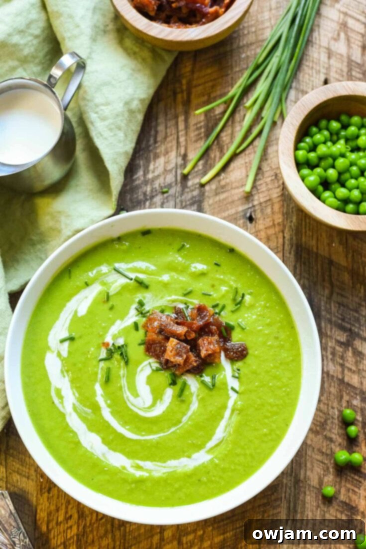 Elegant Green Pea Soup topped with crunchy candied bacon
