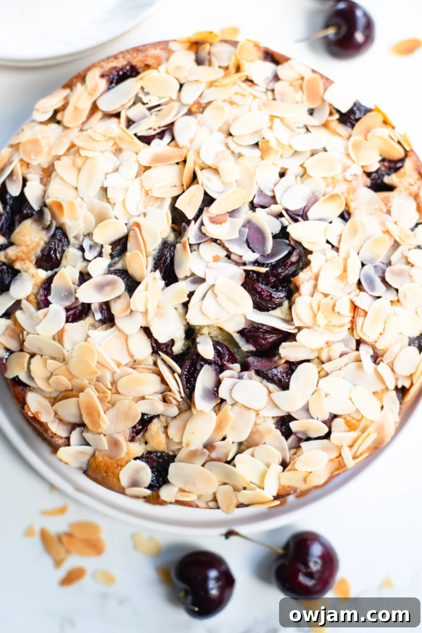 A slice of Fresh Cherry Almond Cake on a white plate, showcasing its moist texture, vibrant cherries, and golden-brown almonds.